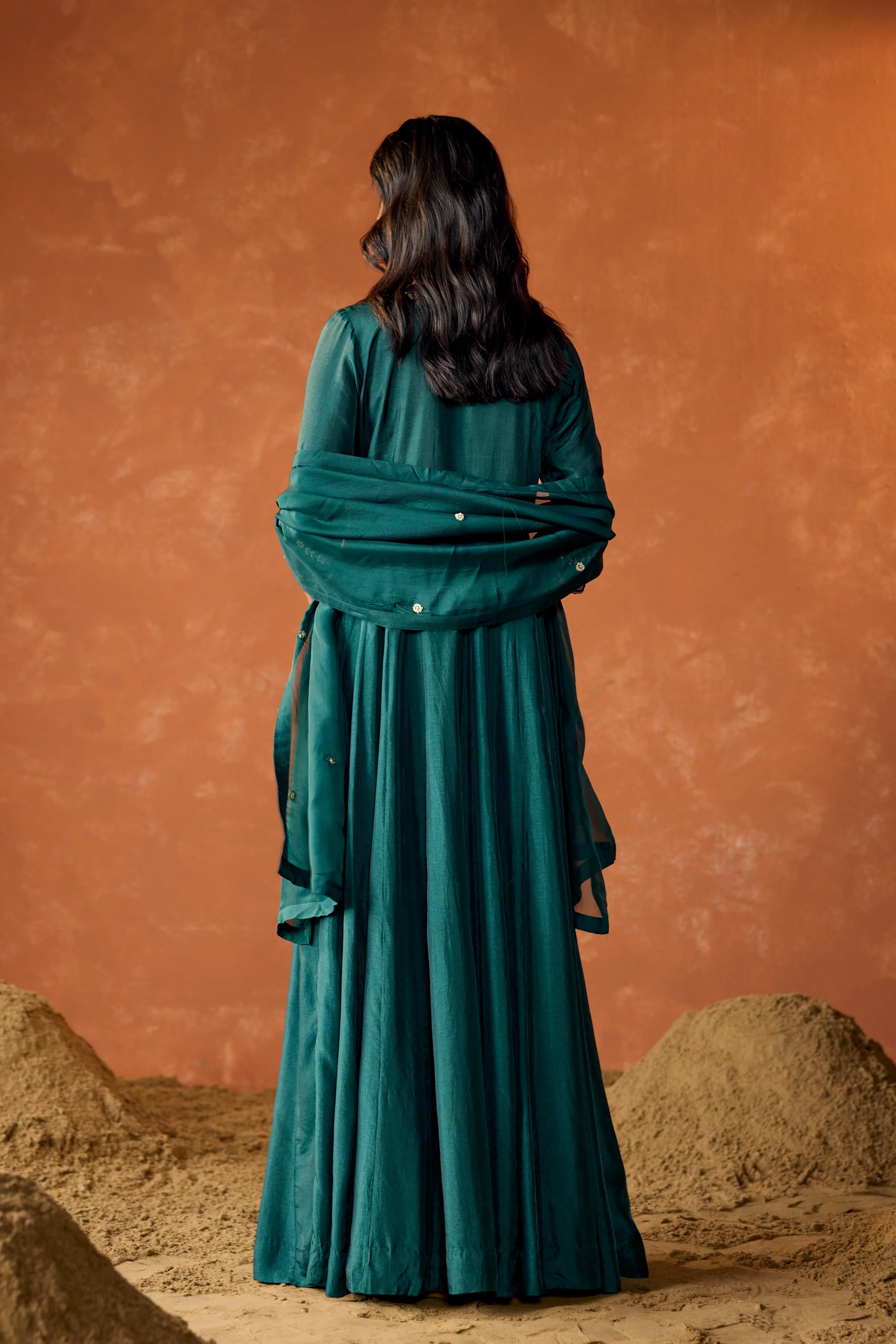 Dark Teal Embellished Premium Raw Silk Anarkali Set - Image 9