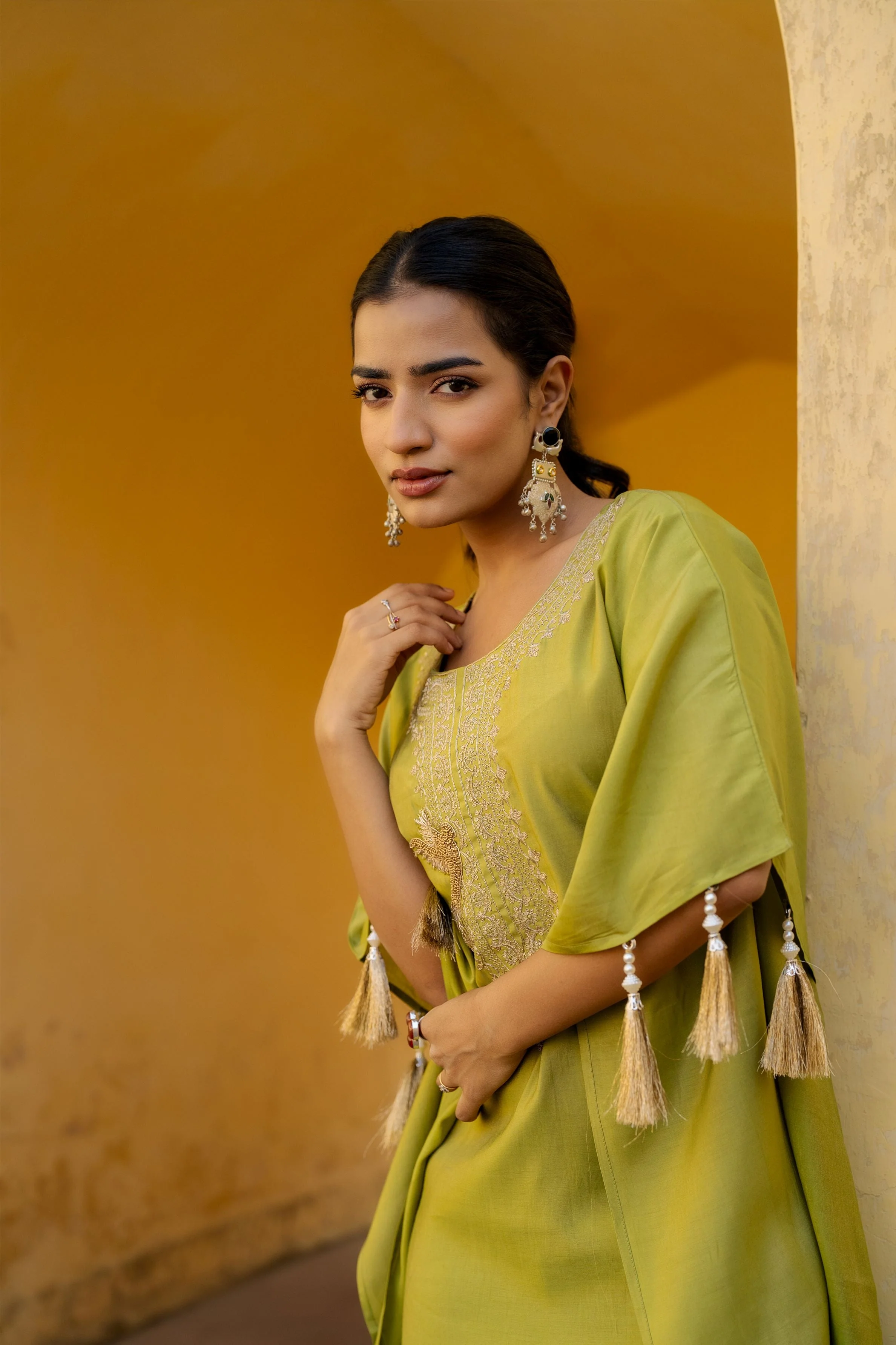 Green Embellished Premium Silk Kaftan Set - Image 2