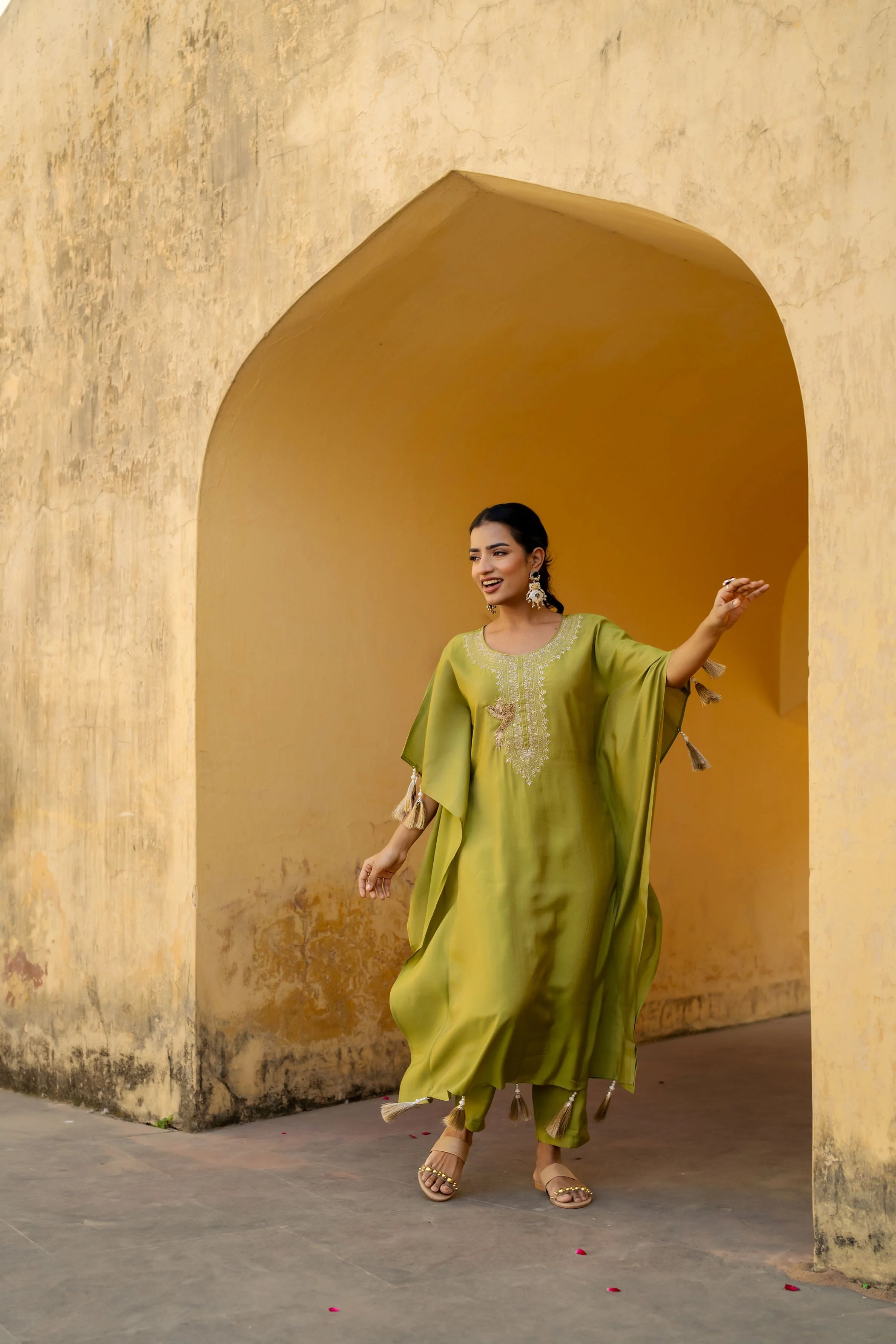 Green Embellished Premium Silk Kaftan Set - Image 3