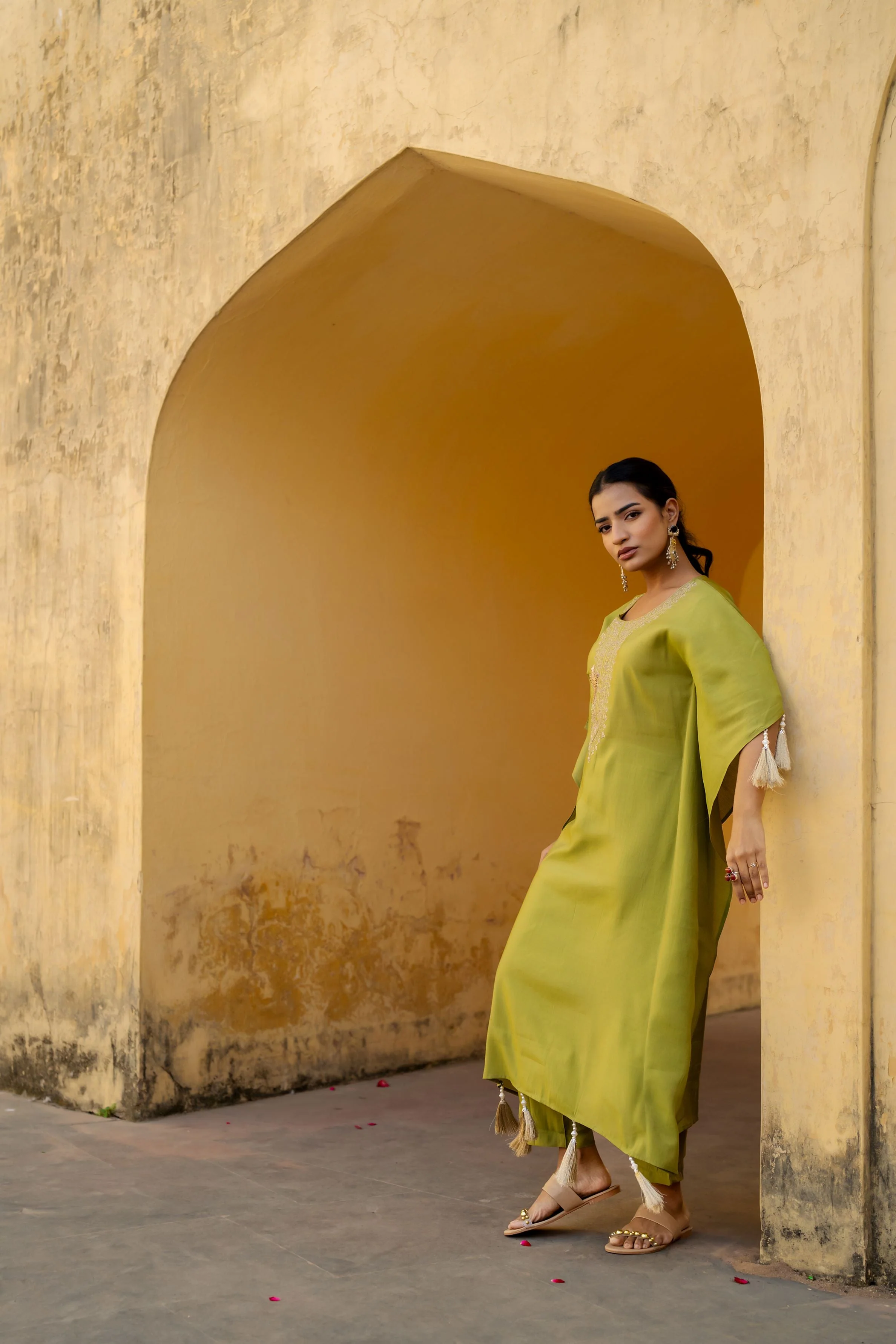 Green Embellished Premium Silk Kaftan Set - Image 4