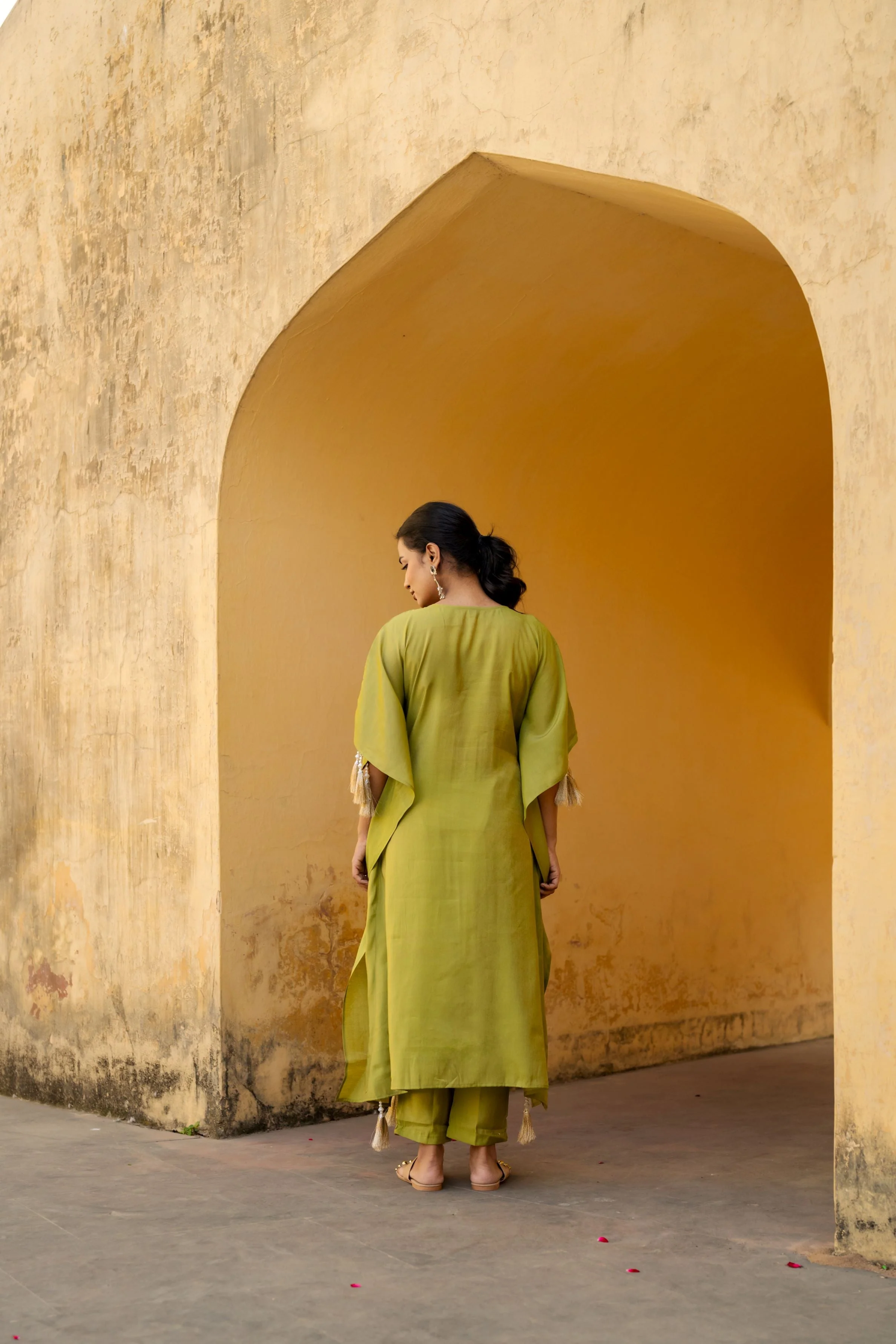 Green Embellished Premium Silk Kaftan Set - Image 5