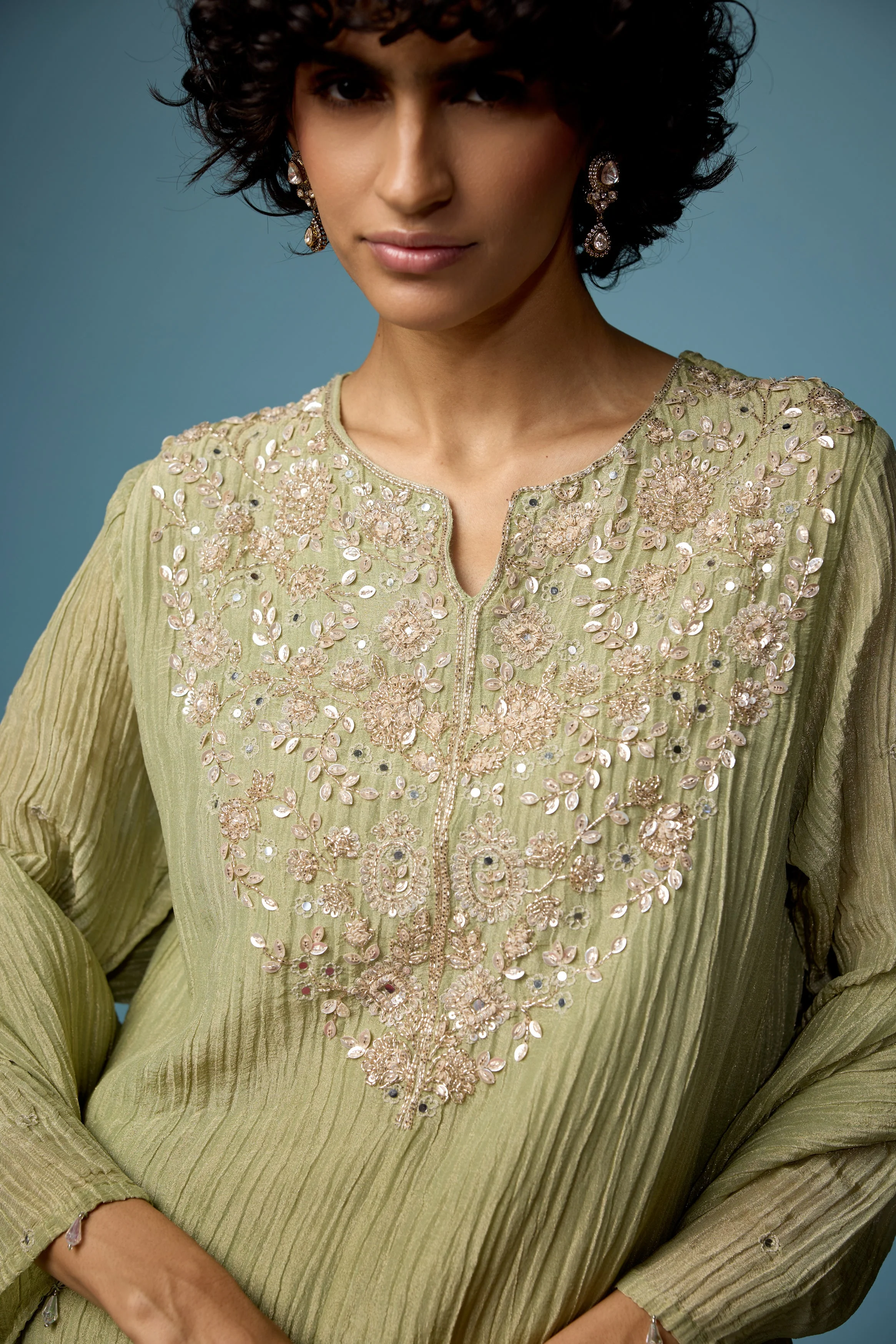 Sage Green Embellished Premium Silk Palazzo Set - Image 2