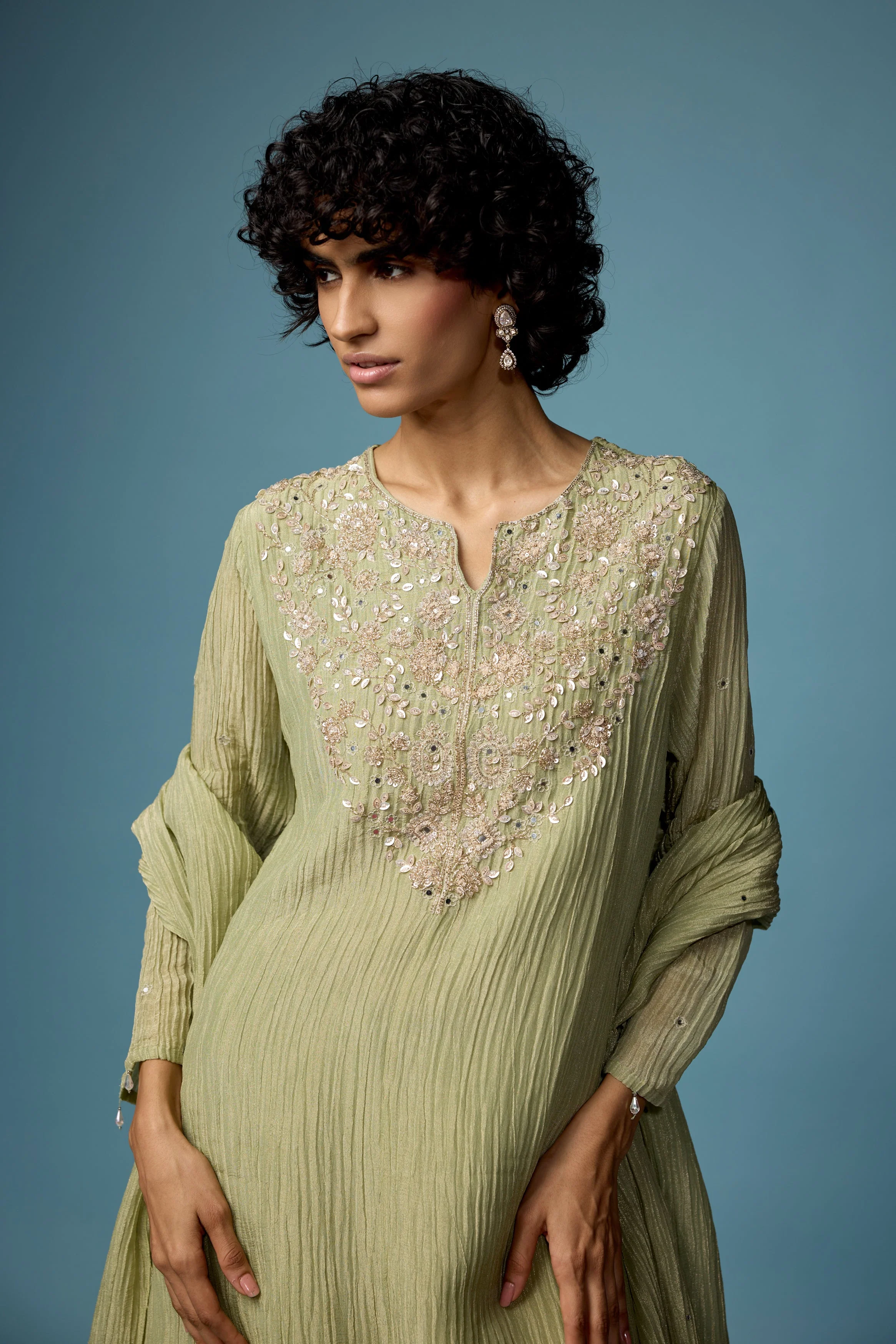 Sage Green Embellished Premium Silk Palazzo Set - Image 3