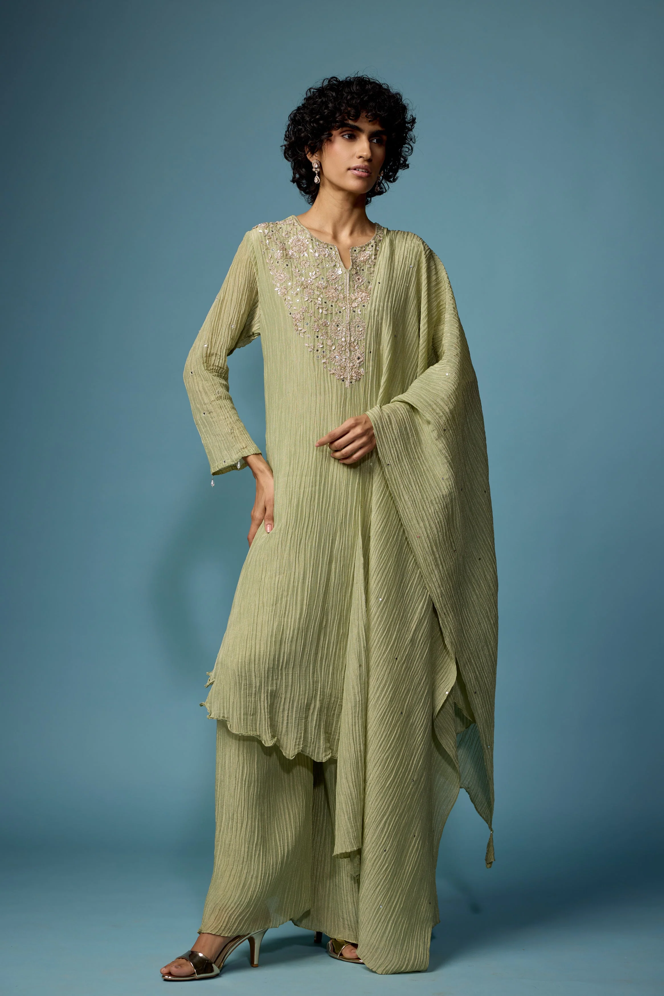 Sage Green Embellished Premium Silk Palazzo Set - Image 4