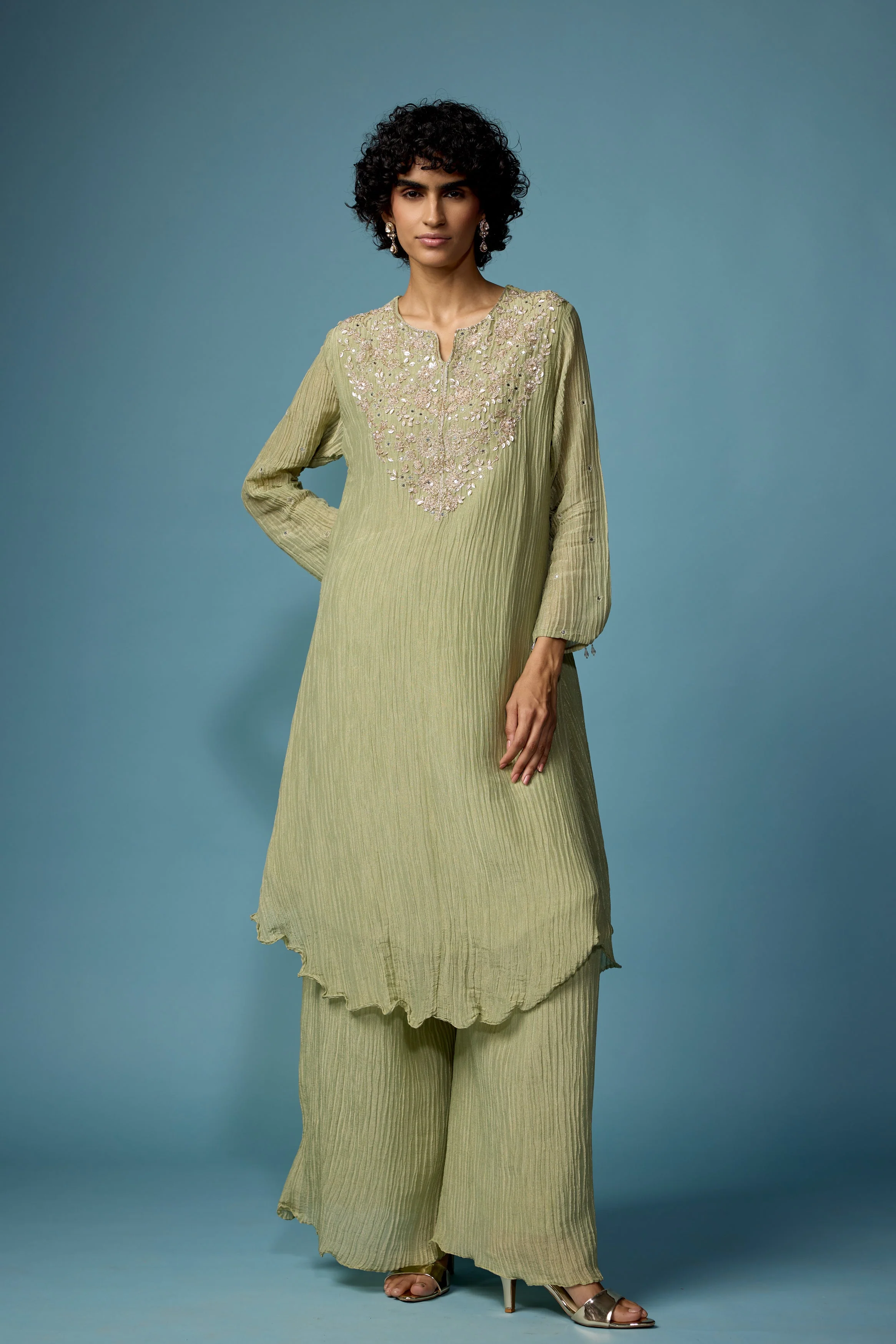 Sage Green Embellished Premium Silk Palazzo Set - Image 5