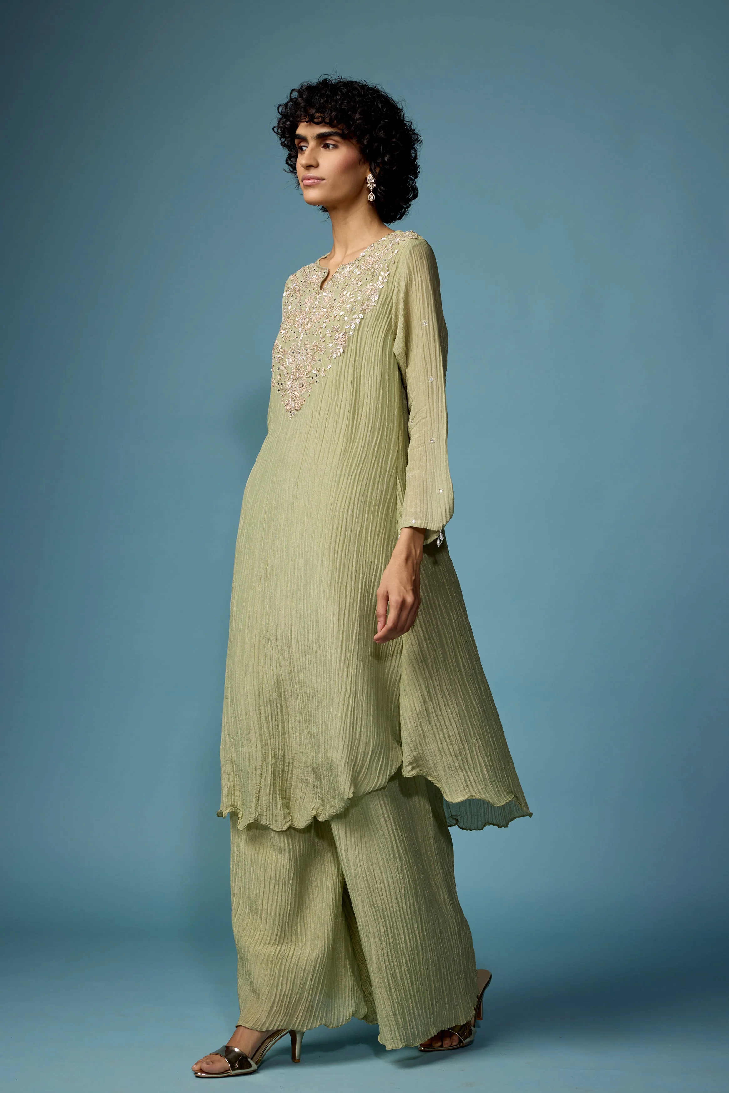 Sage Green Embellished Premium Silk Palazzo Set - Image 6