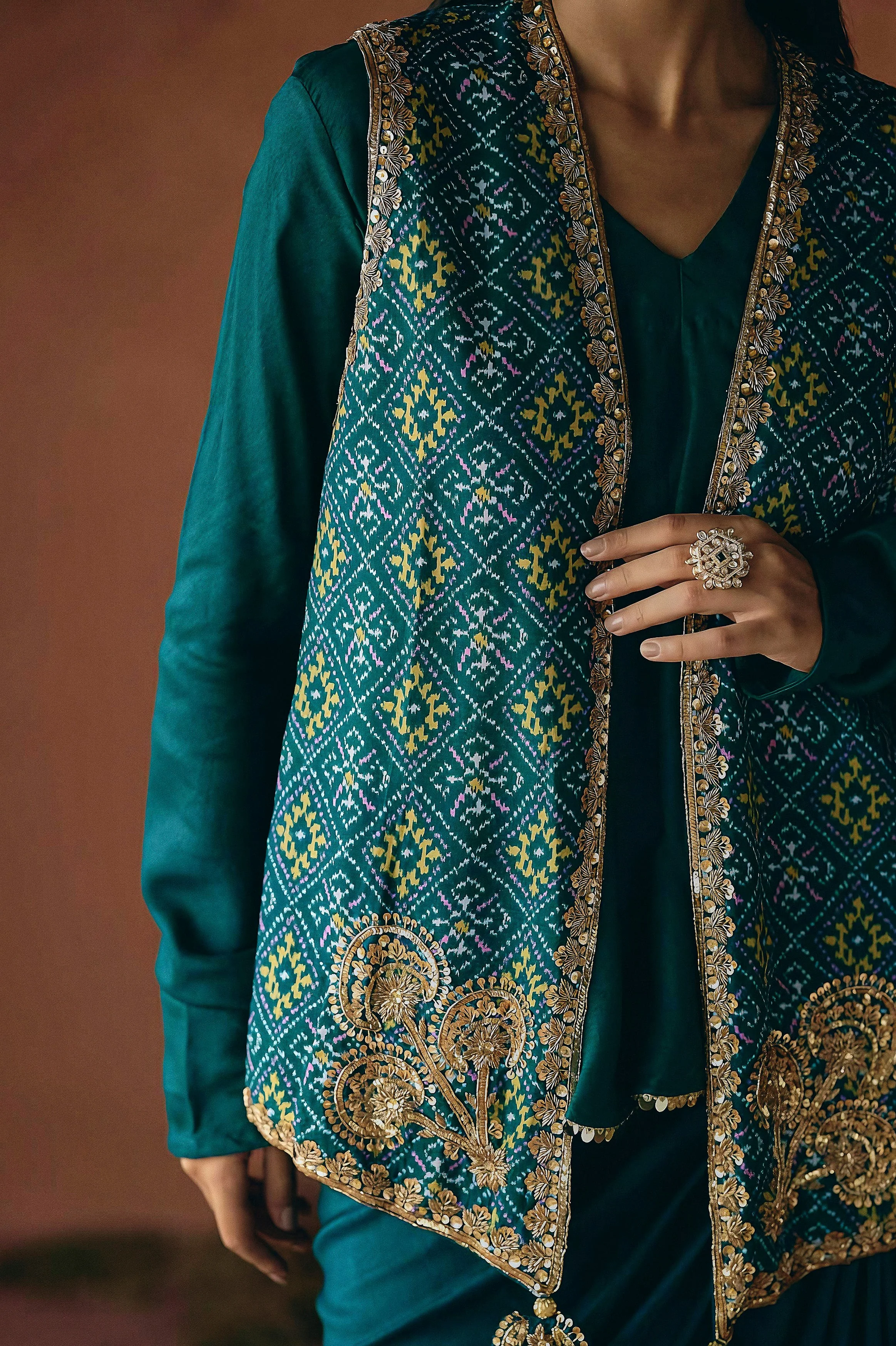 Teal Green Embellished Premium Silk Skirt Set - Image 2
