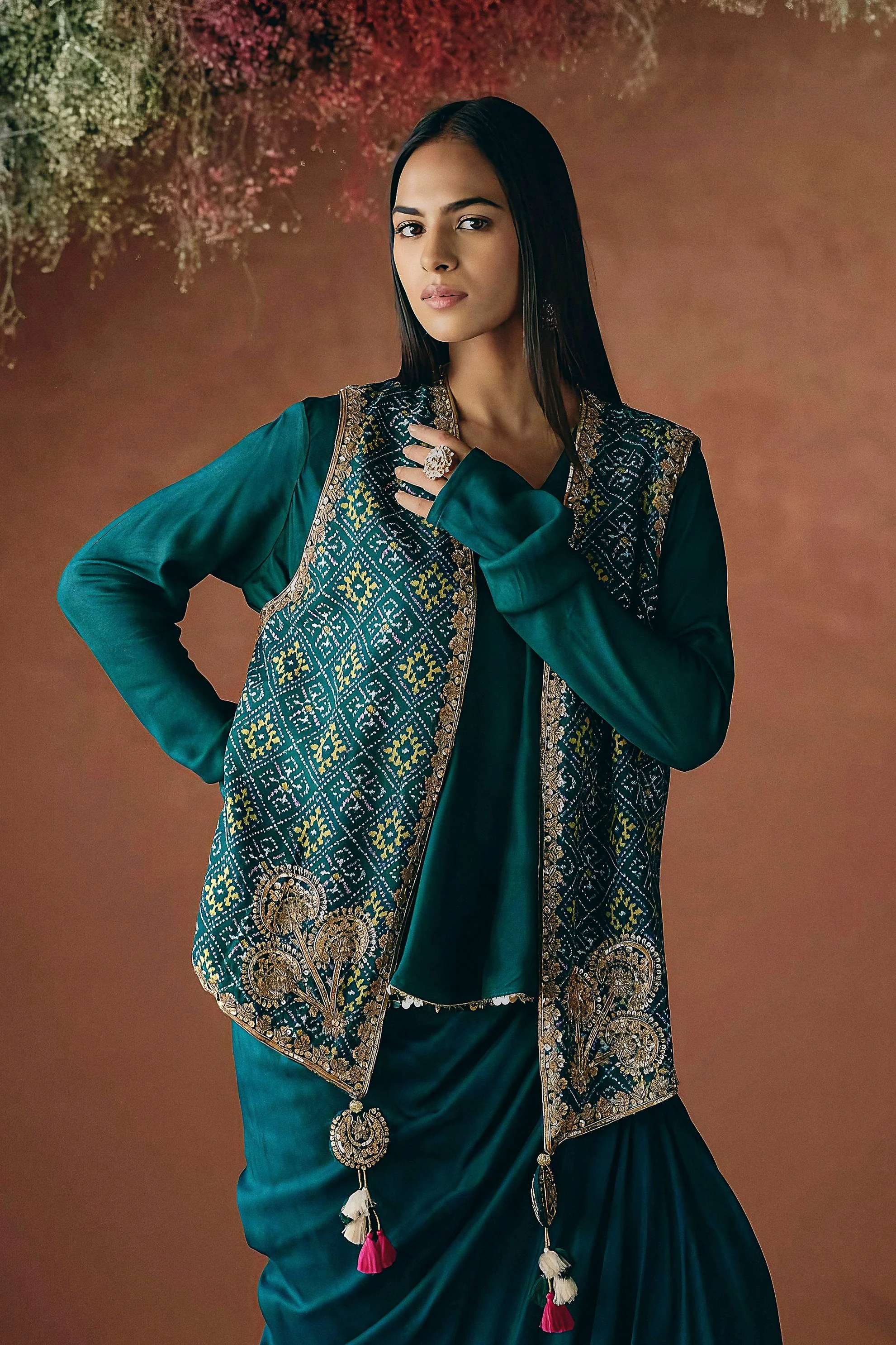 Teal Green Embellished Premium Silk Skirt Set - Image 3