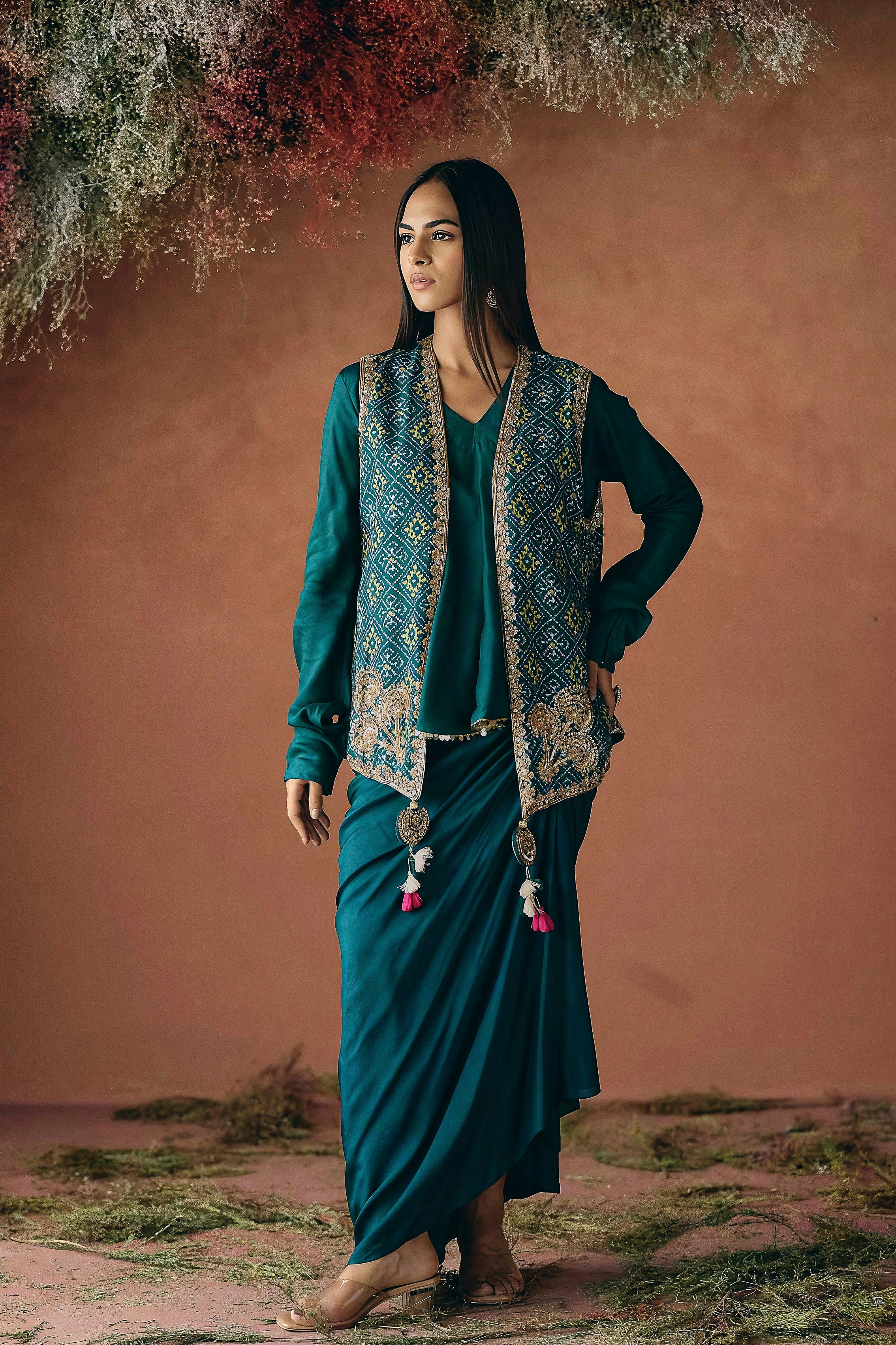 Teal Green Embellished Premium Silk Skirt Set - Image 4