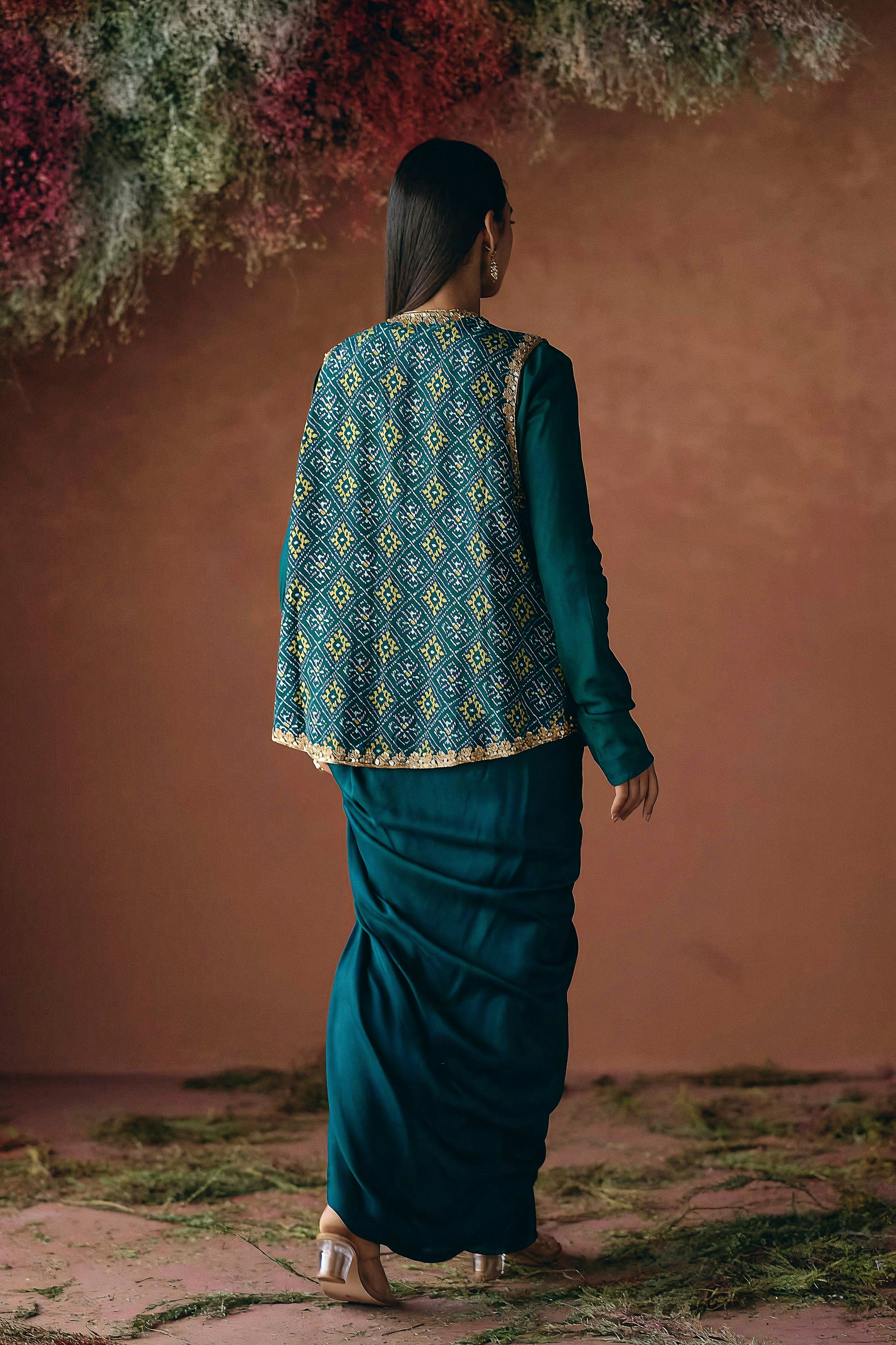 Teal Green Embellished Premium Silk Skirt Set - Image 5