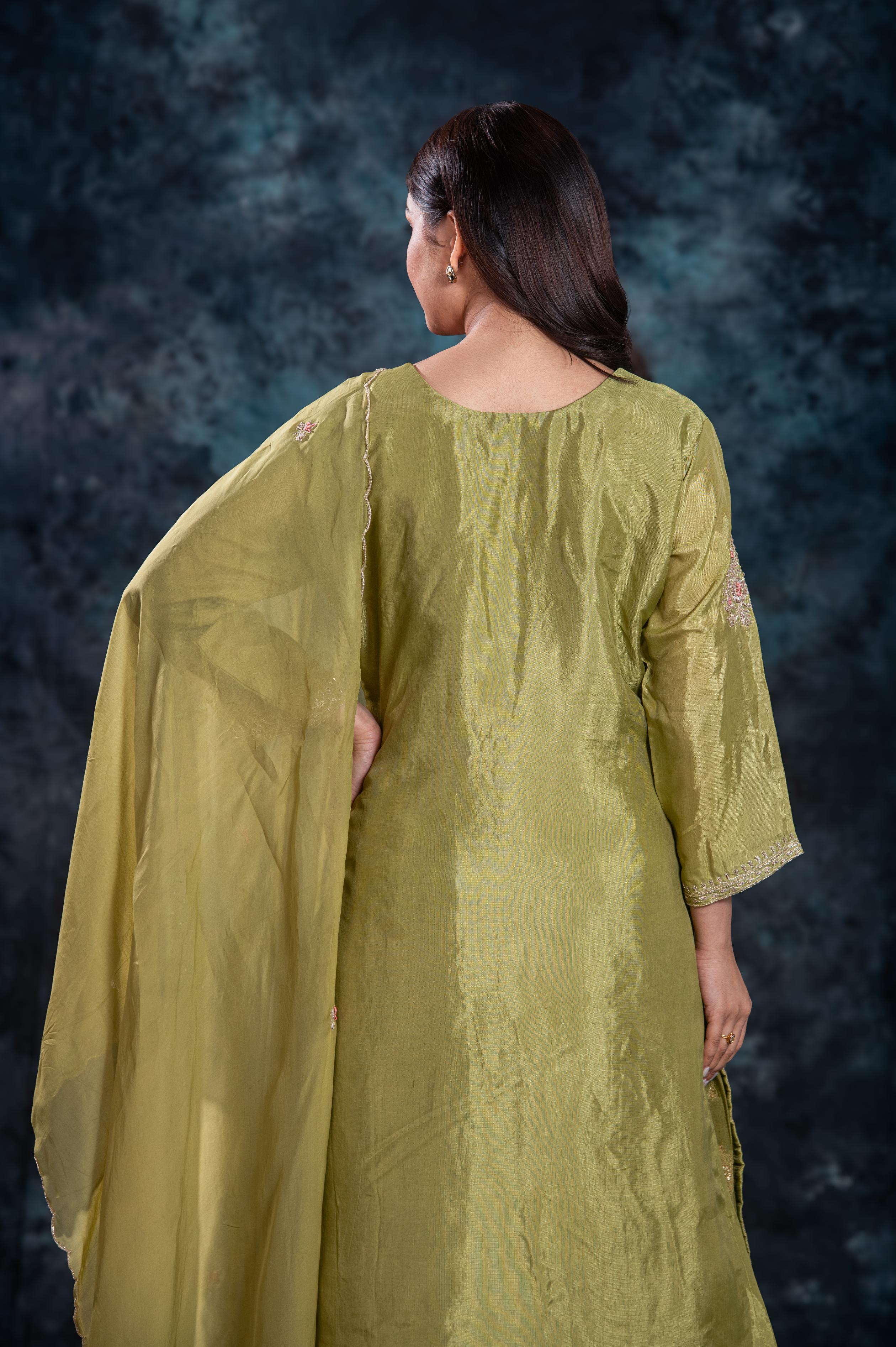 Green Embellished Premium Silk Skirt Set - Image 10