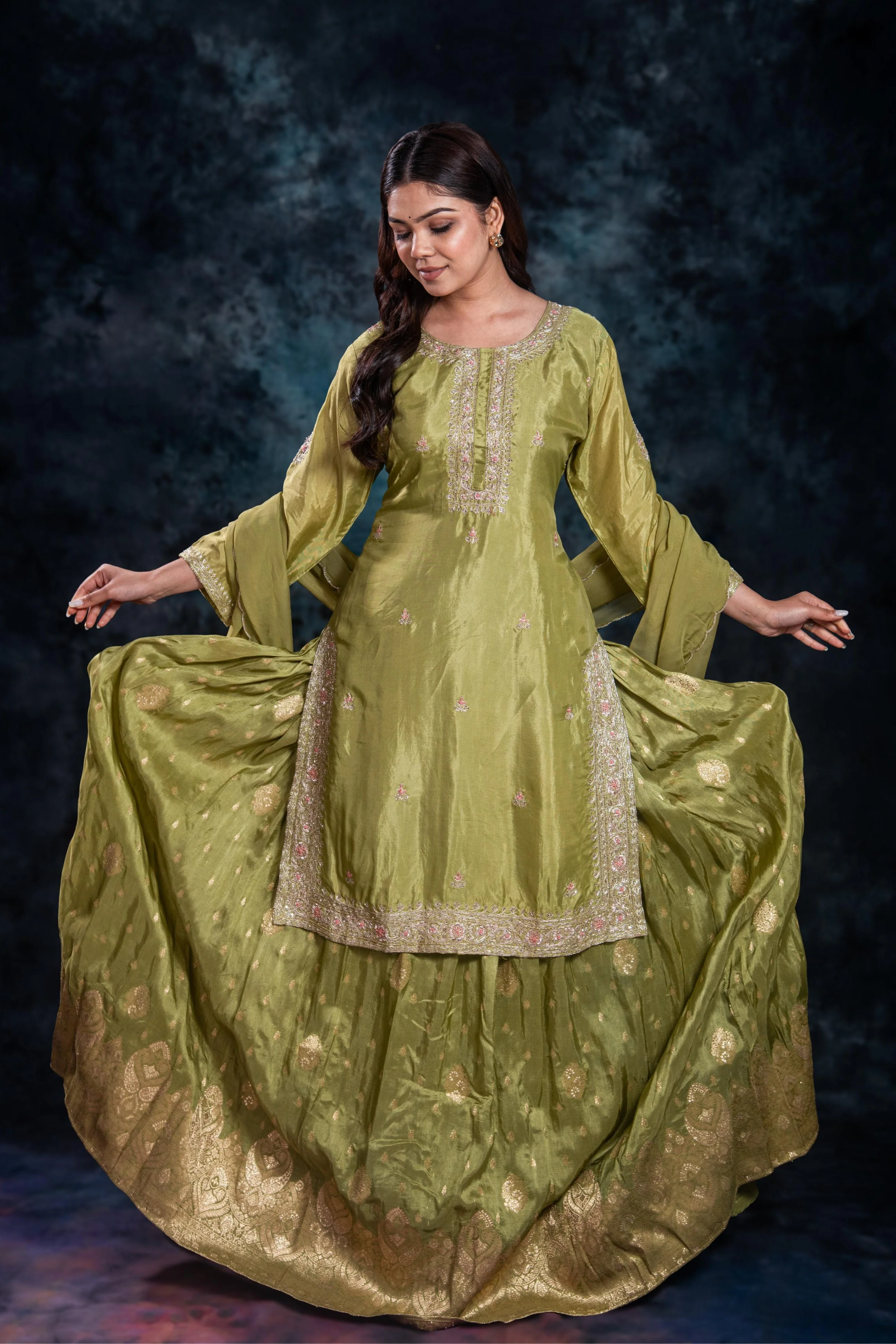 Green Embellished Premium Silk Skirt Set - Image 2