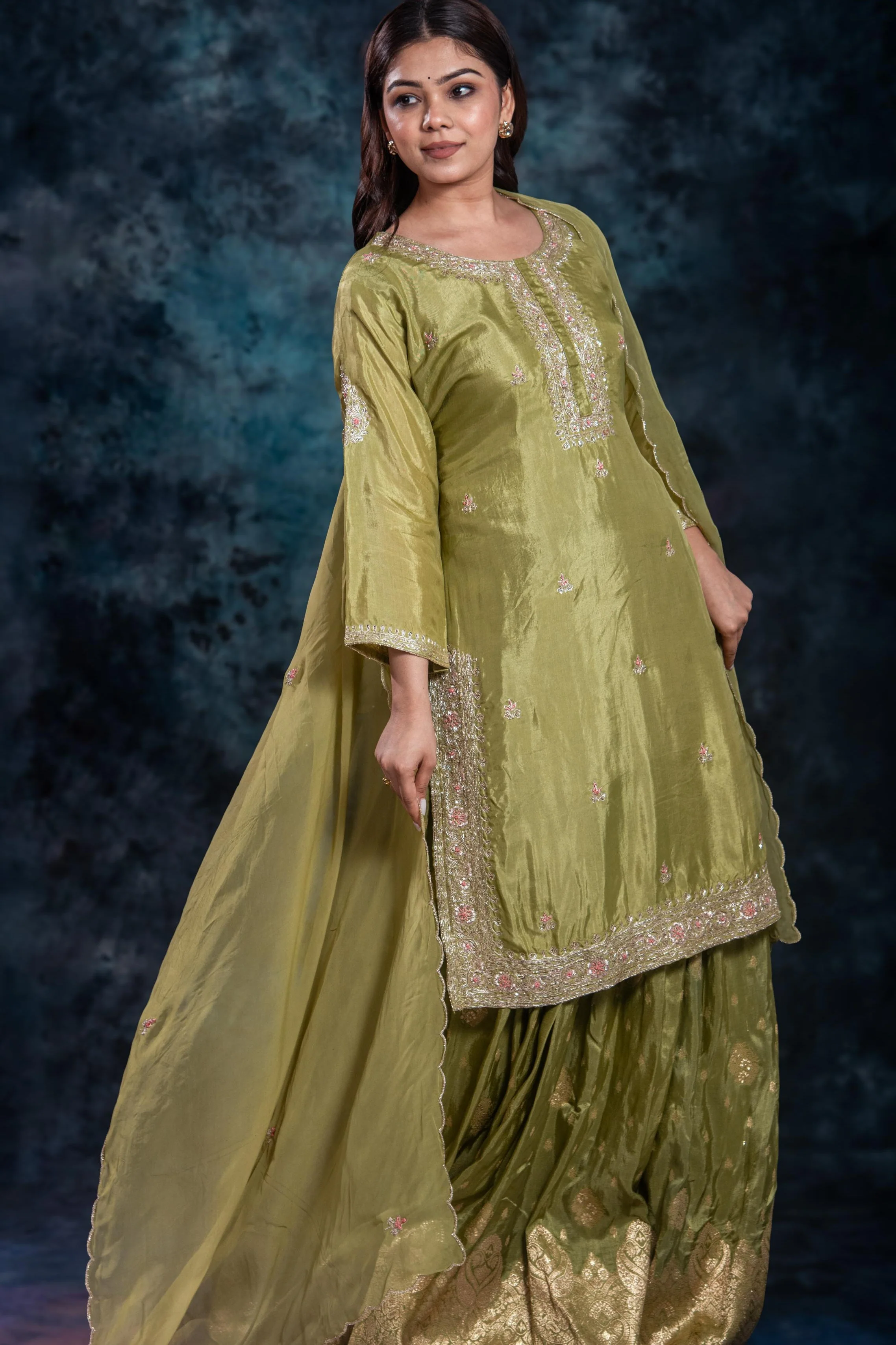 Green Embellished Premium Silk Skirt Set - Image 3