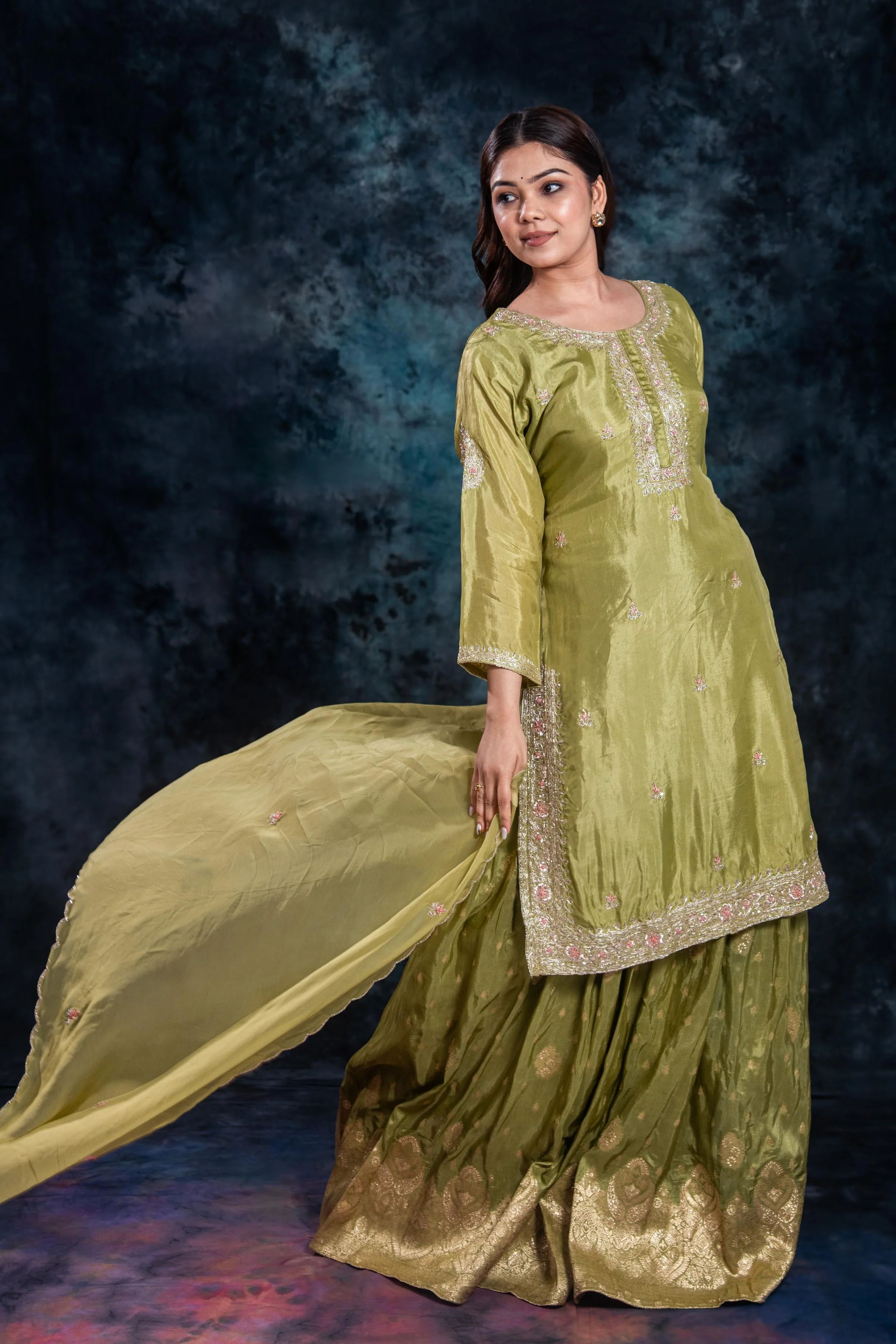 Green Embellished Premium Silk Skirt Set - Image 4