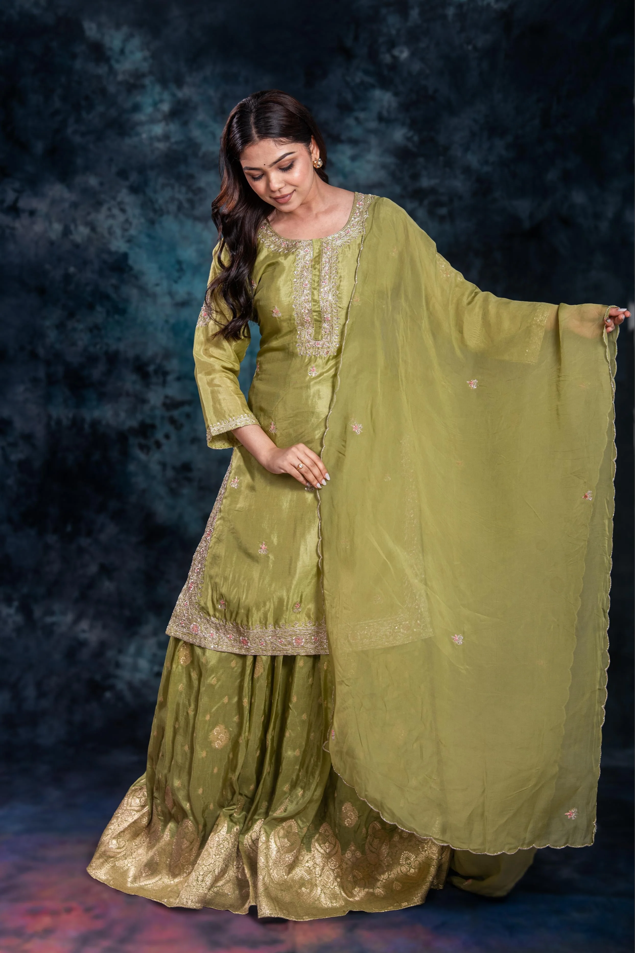 Green Embellished Premium Silk Skirt Set - Image 5