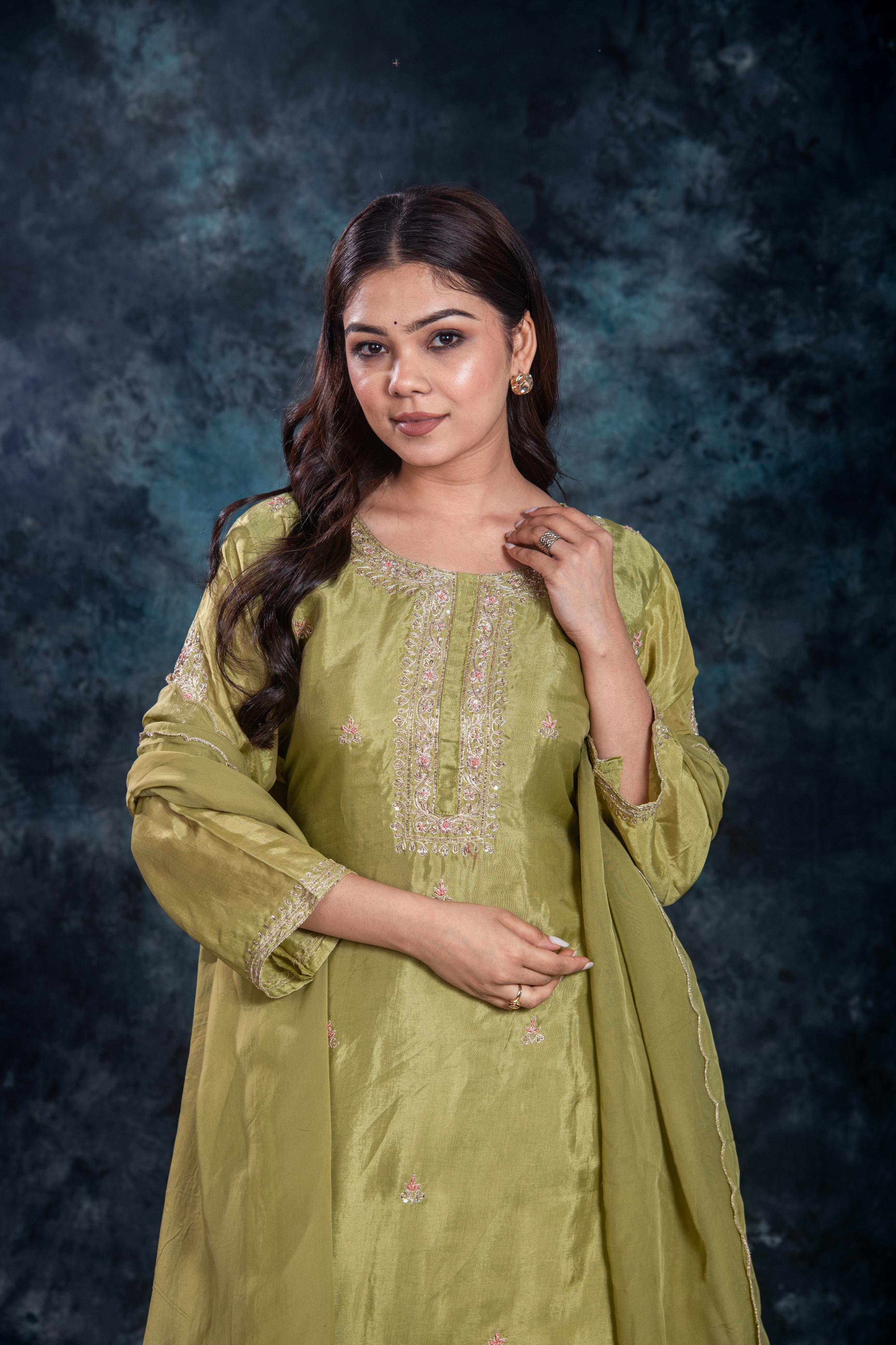 Green Embellished Premium Silk Skirt Set - Image 6