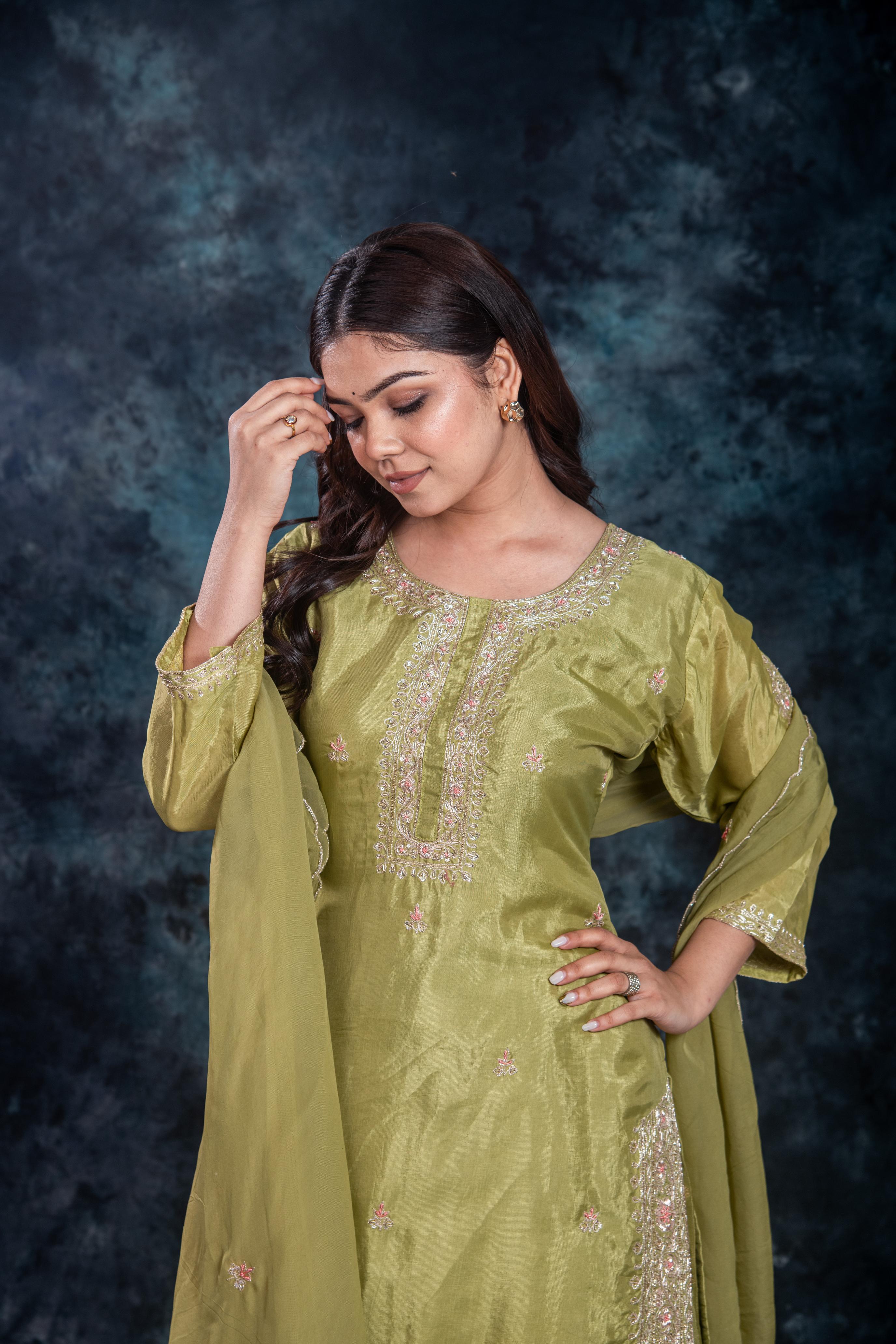 Green Embellished Premium Silk Skirt Set - Image 7