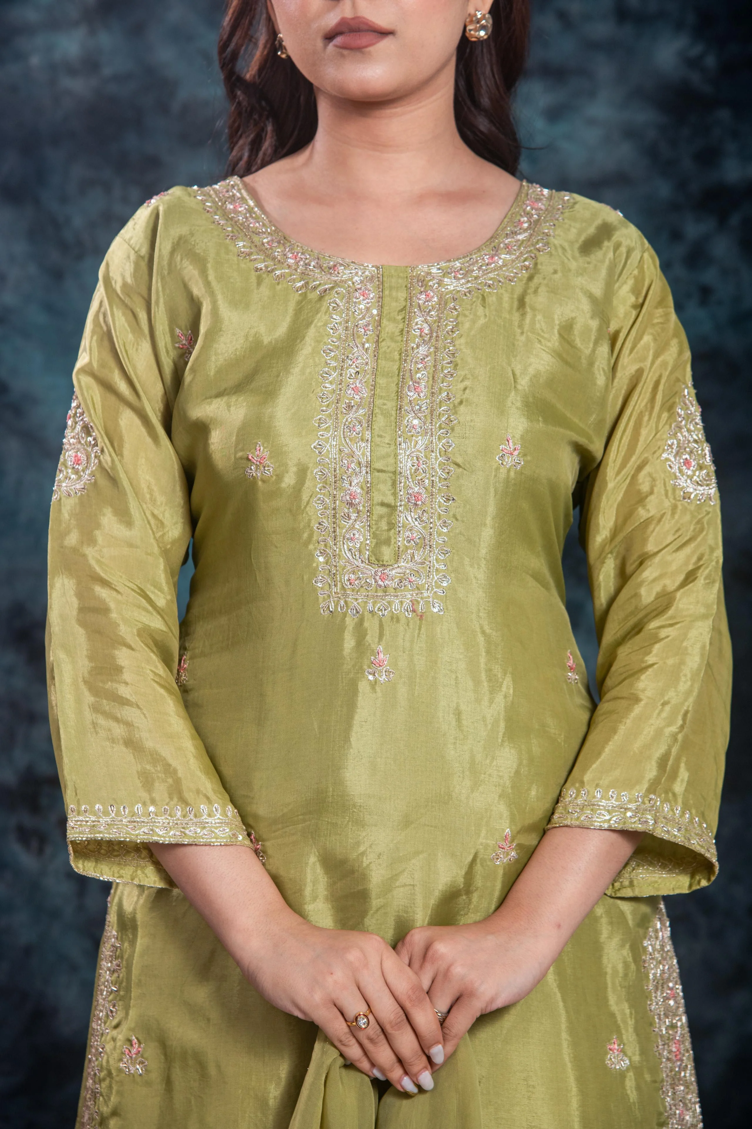 Green Embellished Premium Silk Skirt Set - Image 8