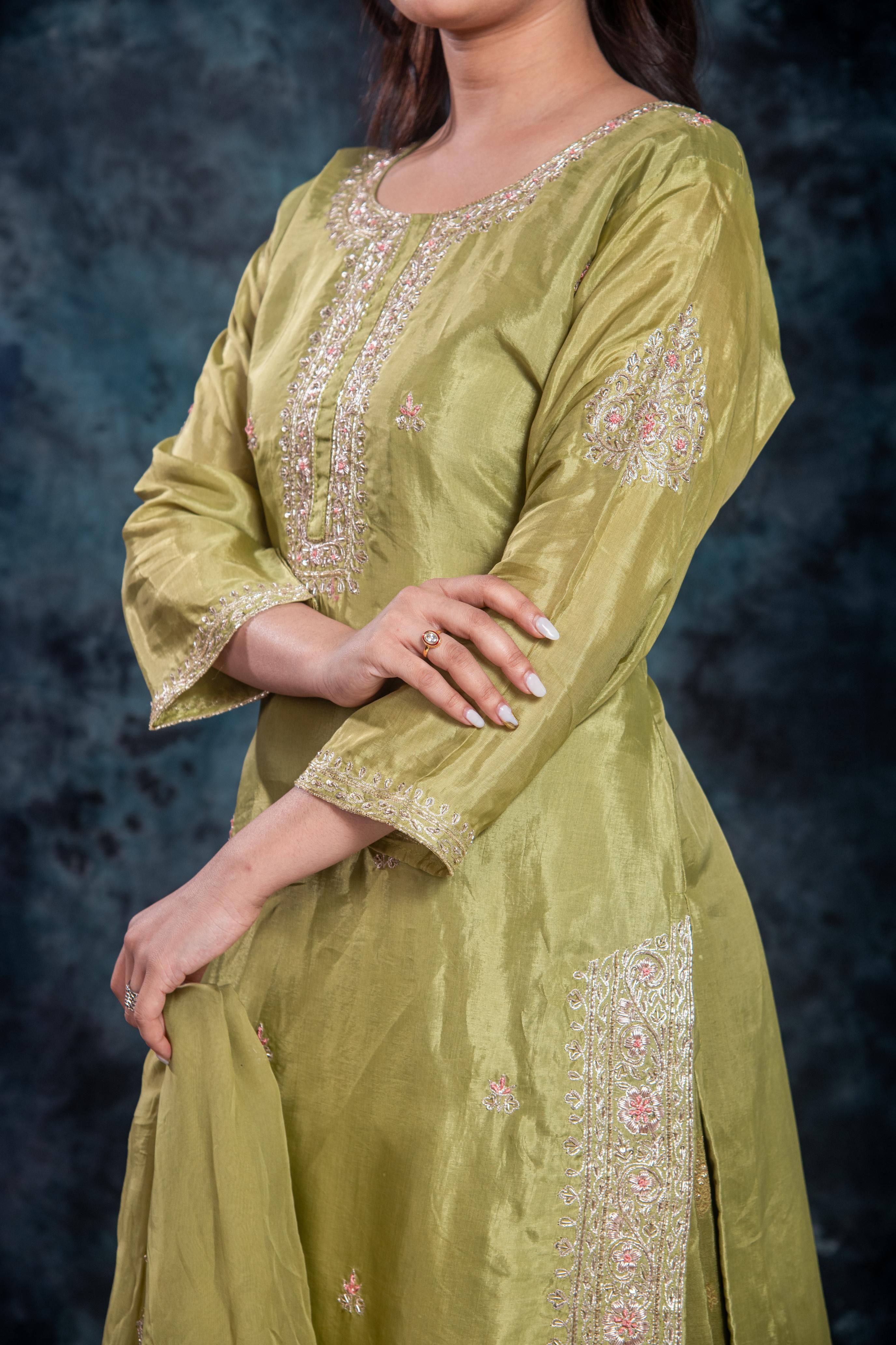 Green Embellished Premium Silk Skirt Set - Image 9