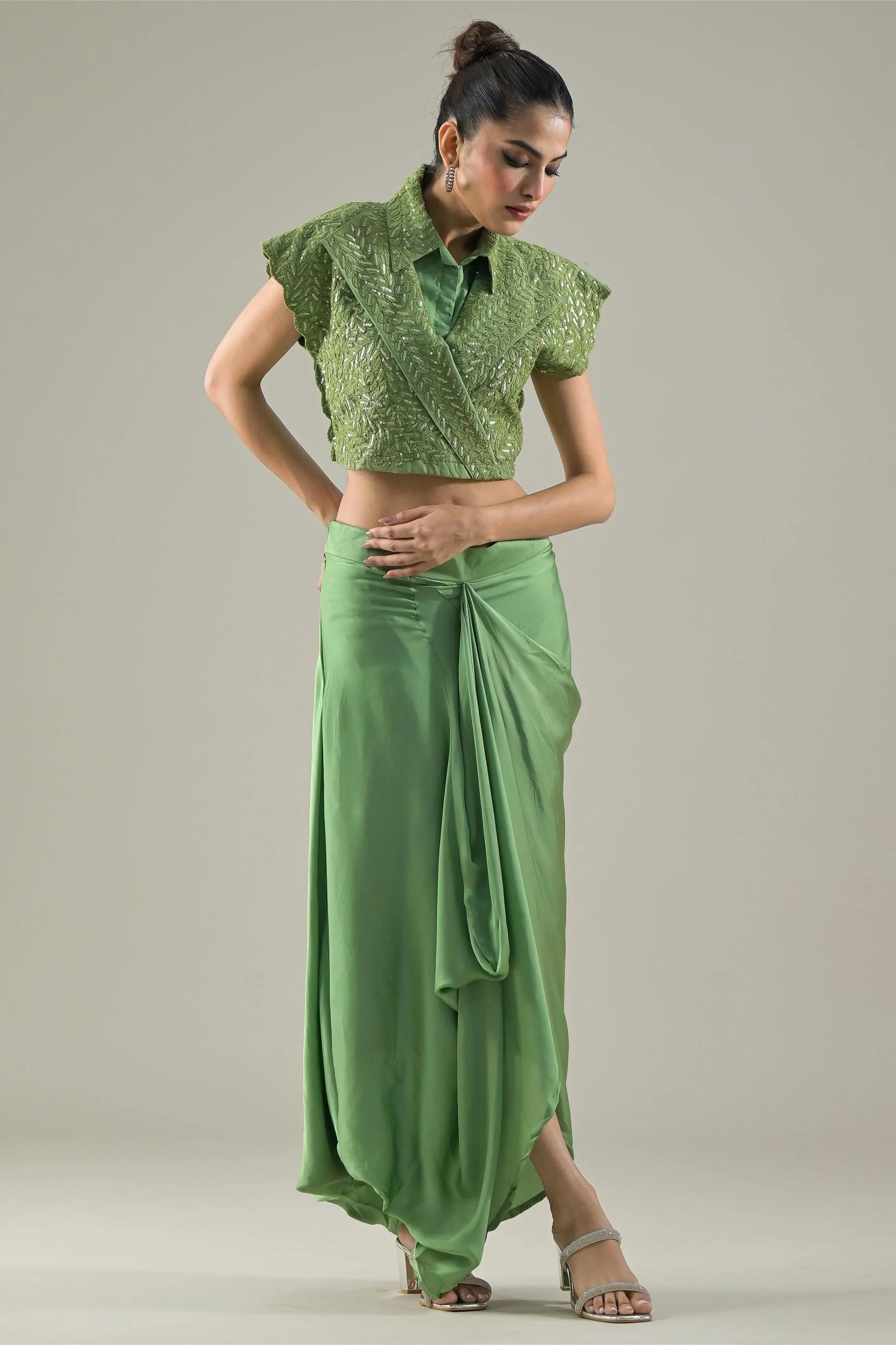 Green Embellished Raw Silk Jacket & Skirt Set - Image 3