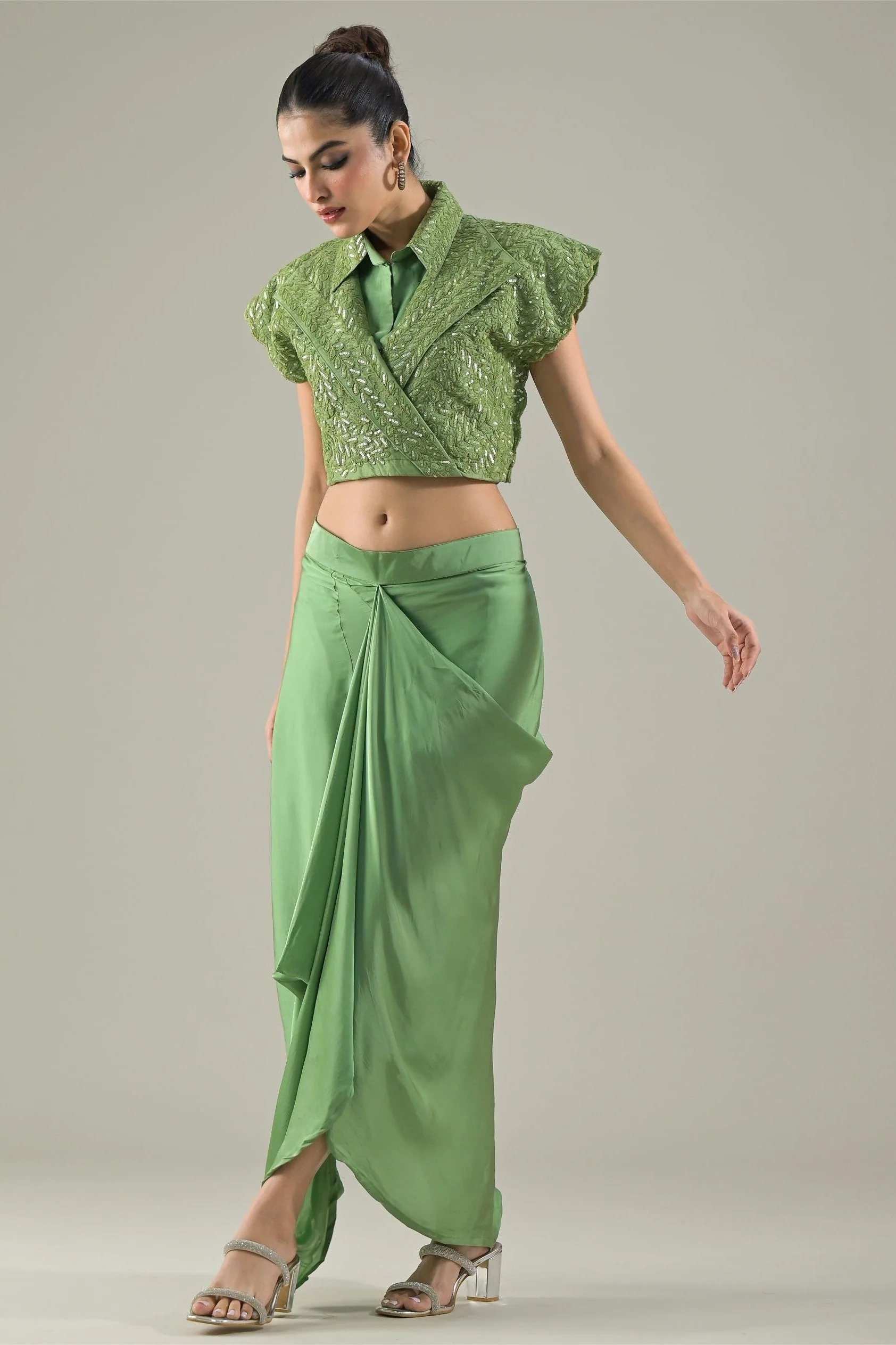 Green Embellished Raw Silk Jacket & Skirt Set - Image 4