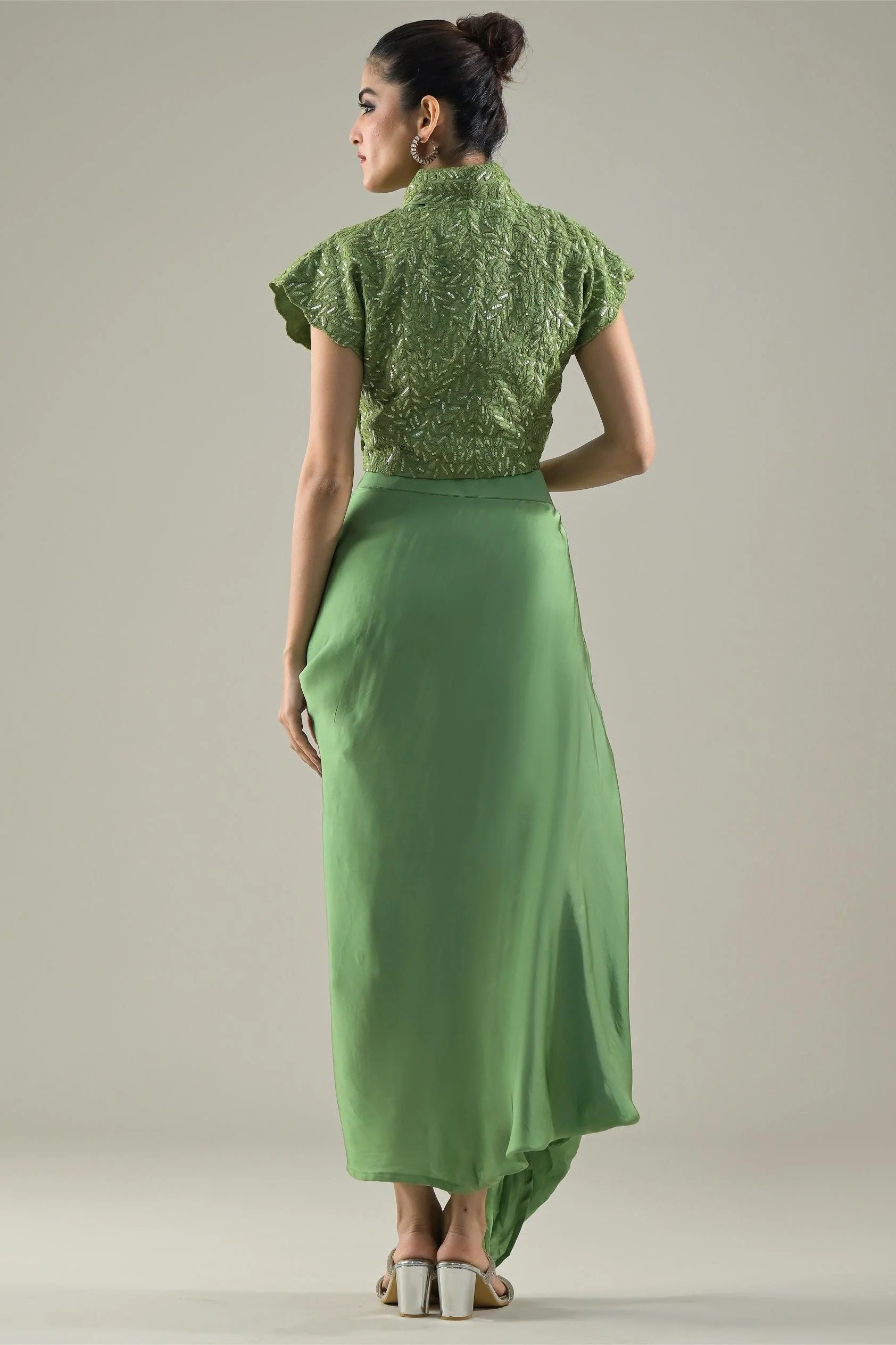 Green Embellished Raw Silk Jacket & Skirt Set - Image 5