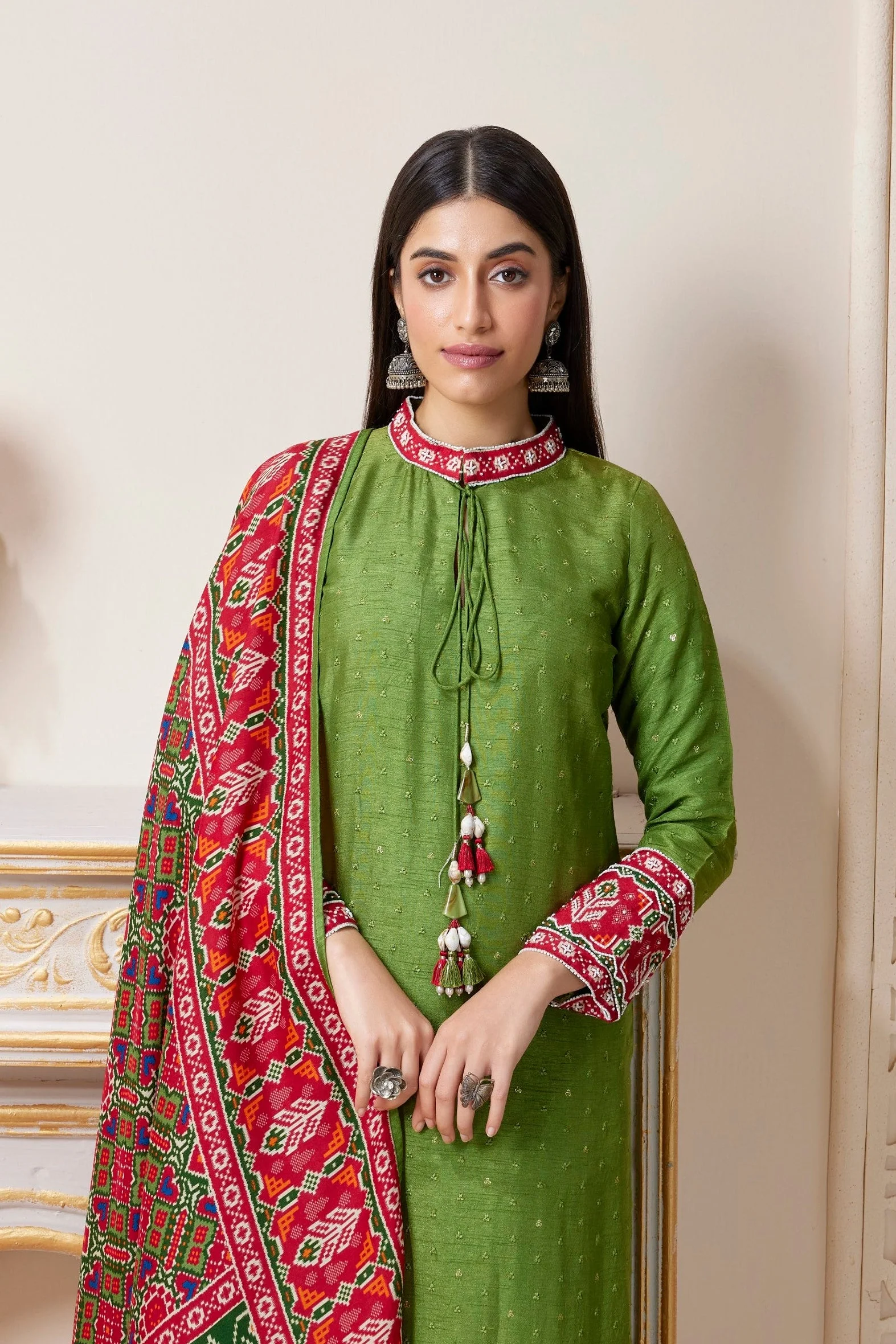 Lime Green Embellished Raw Silk Pant Set - Image 2