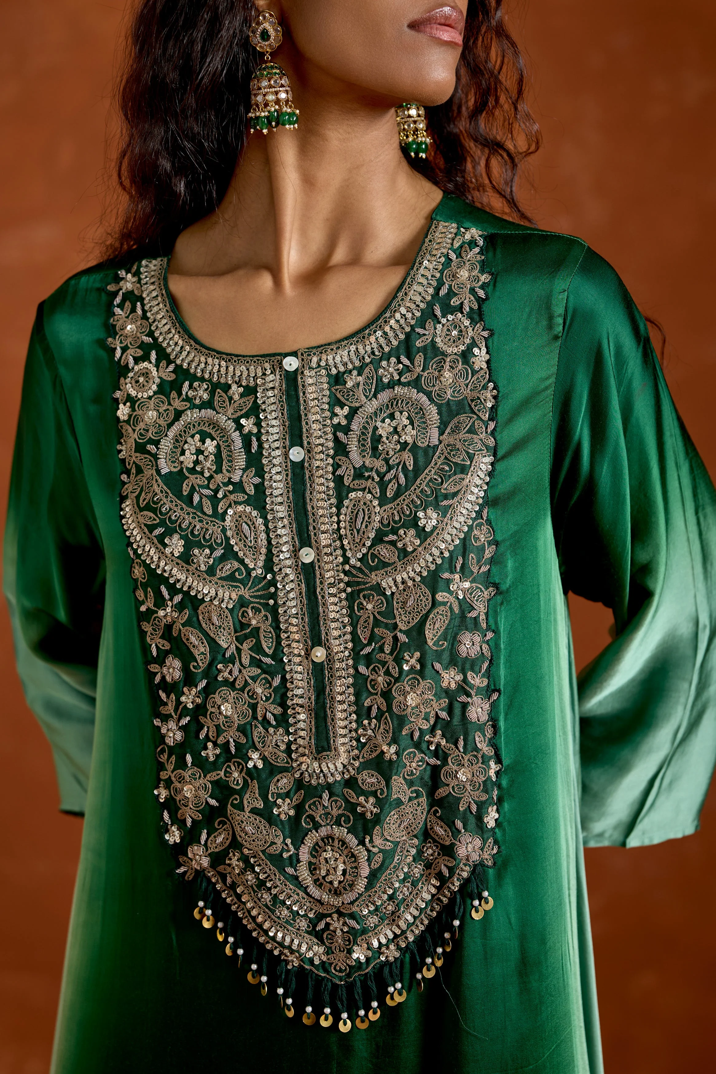 Green Embellished Satin Silk Palazzo Set - Image 2