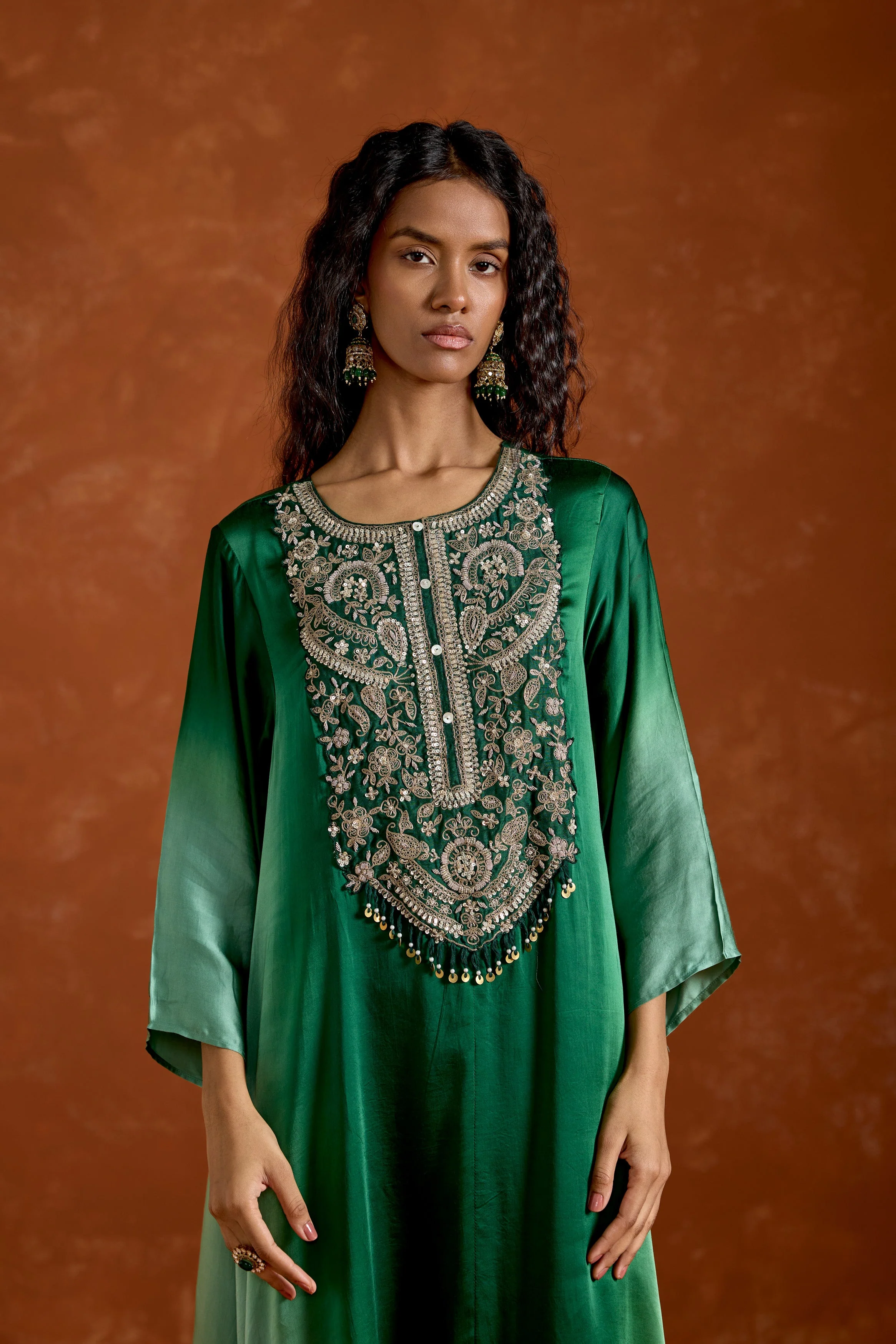 Green Embellished Satin Silk Palazzo Set - Image 3