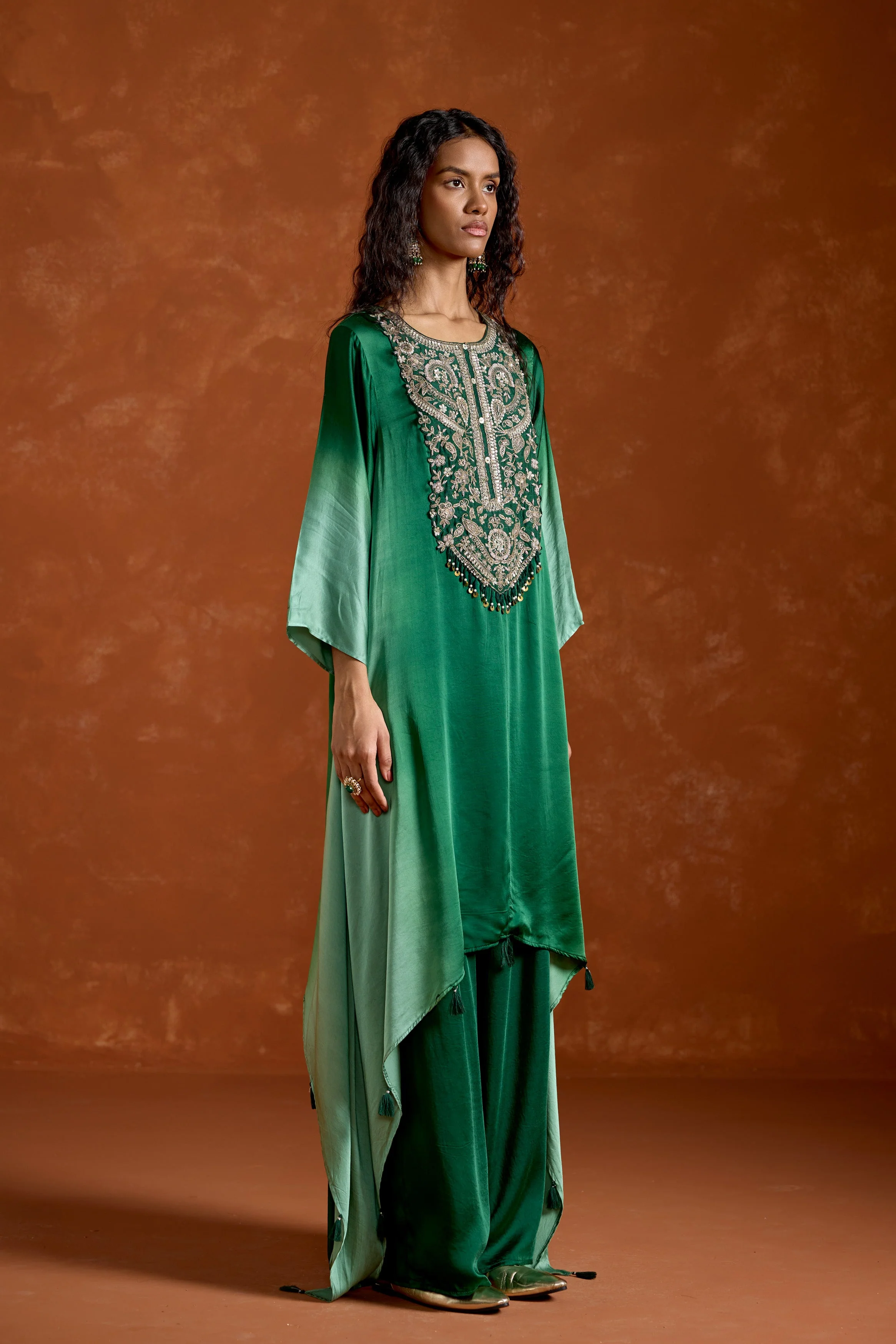 Green Embellished Satin Silk Palazzo Set - Image 5