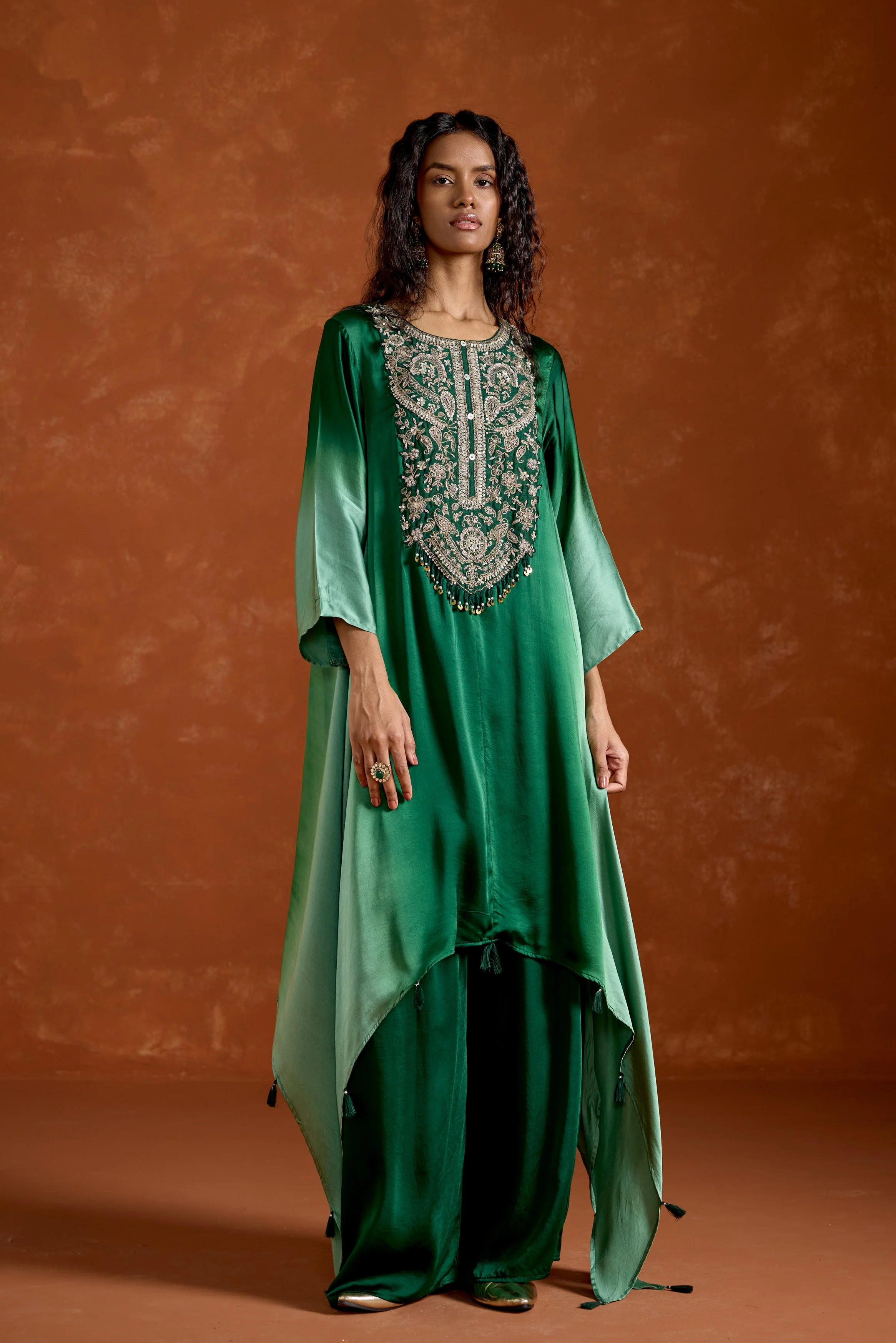 Green Embellished Satin Silk Palazzo Set - Image 6