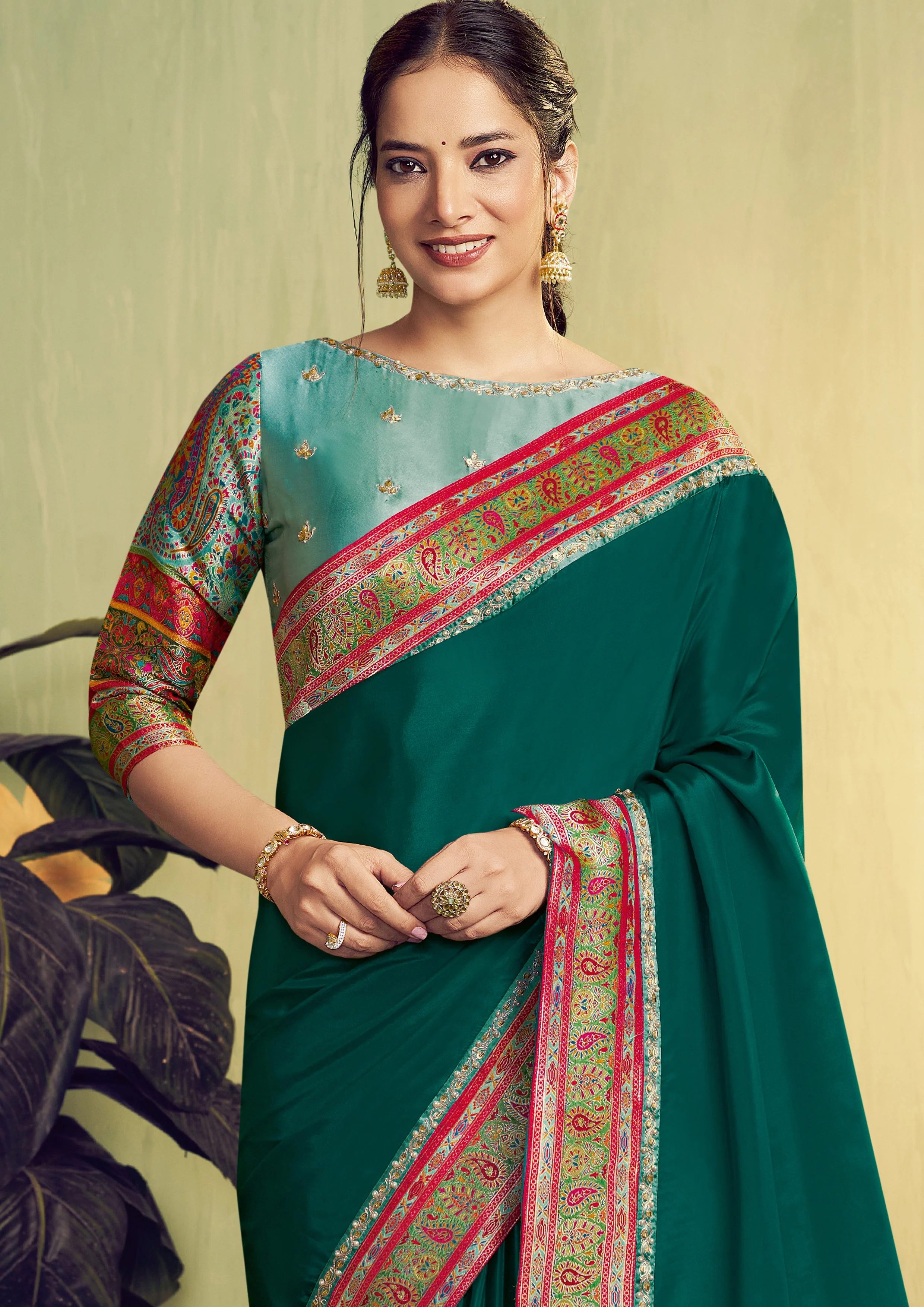 Emerald Green Embellished Satin Silk Saree - Image 2