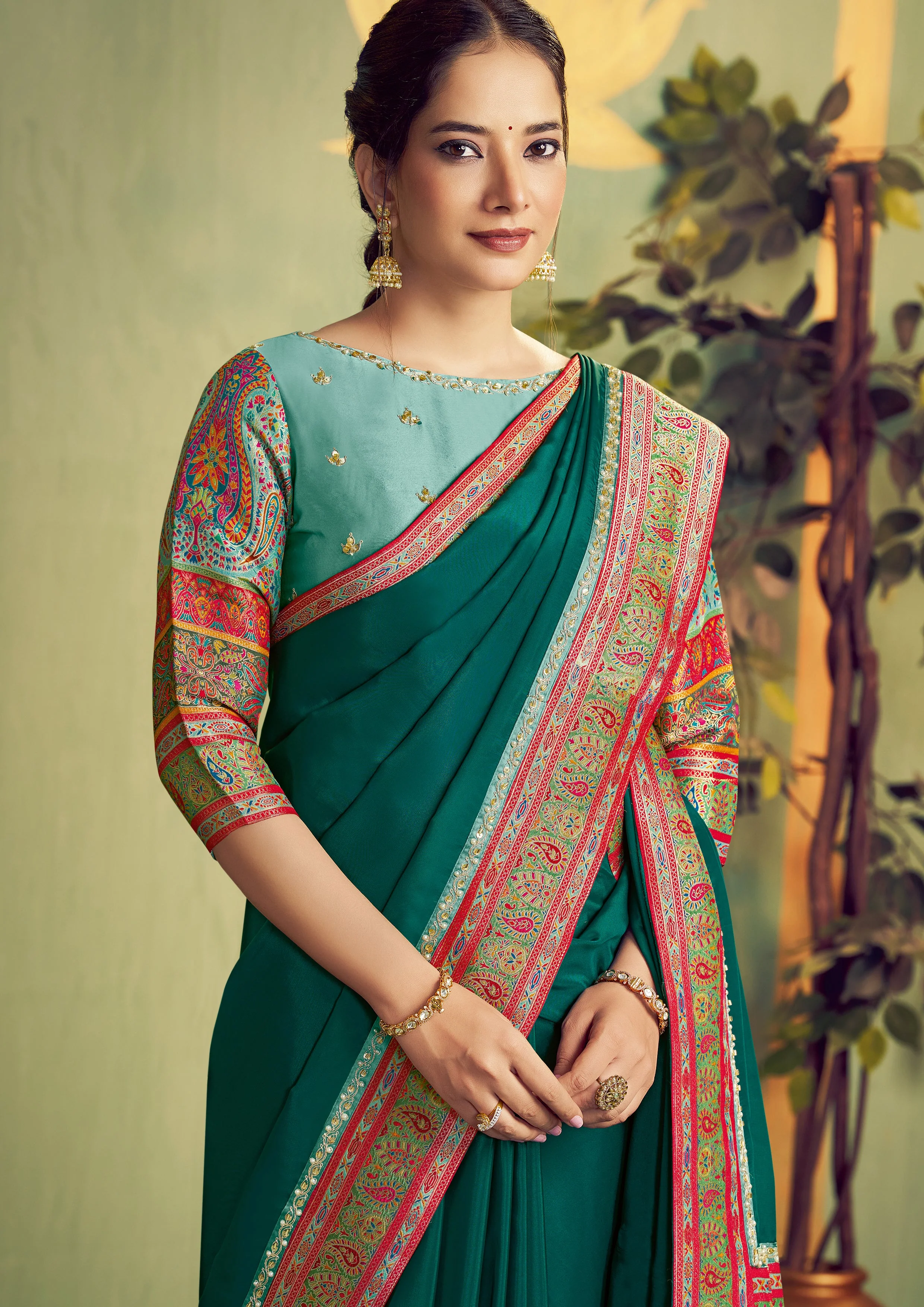 Emerald Green Embellished Satin Silk Saree - Image 3
