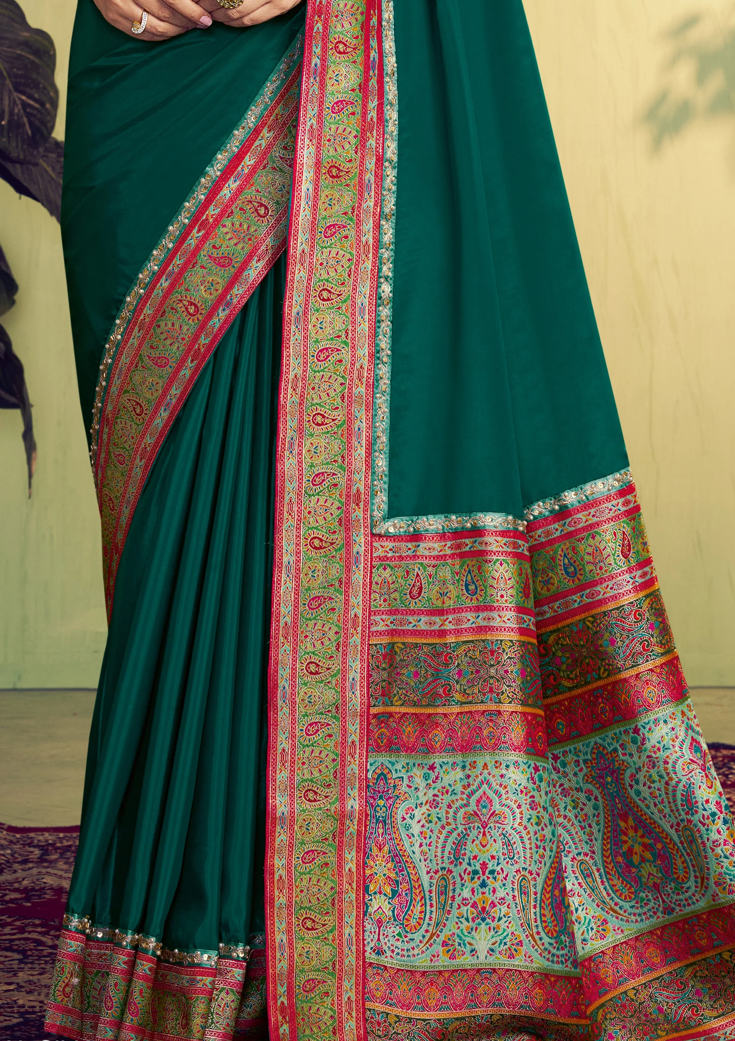 Emerald Green Embellished Satin Silk Saree - Image 4