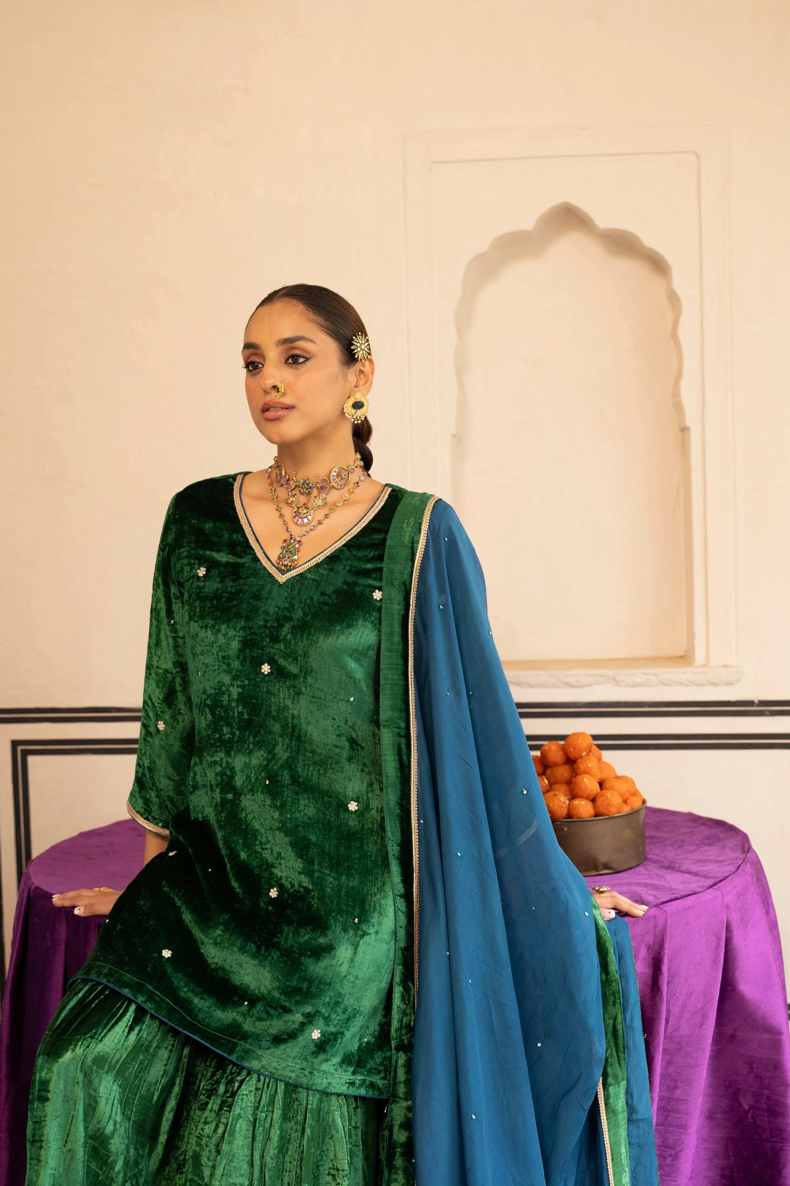 Emerald Green Embellished Premium Velvet Sharara Set - Image 2