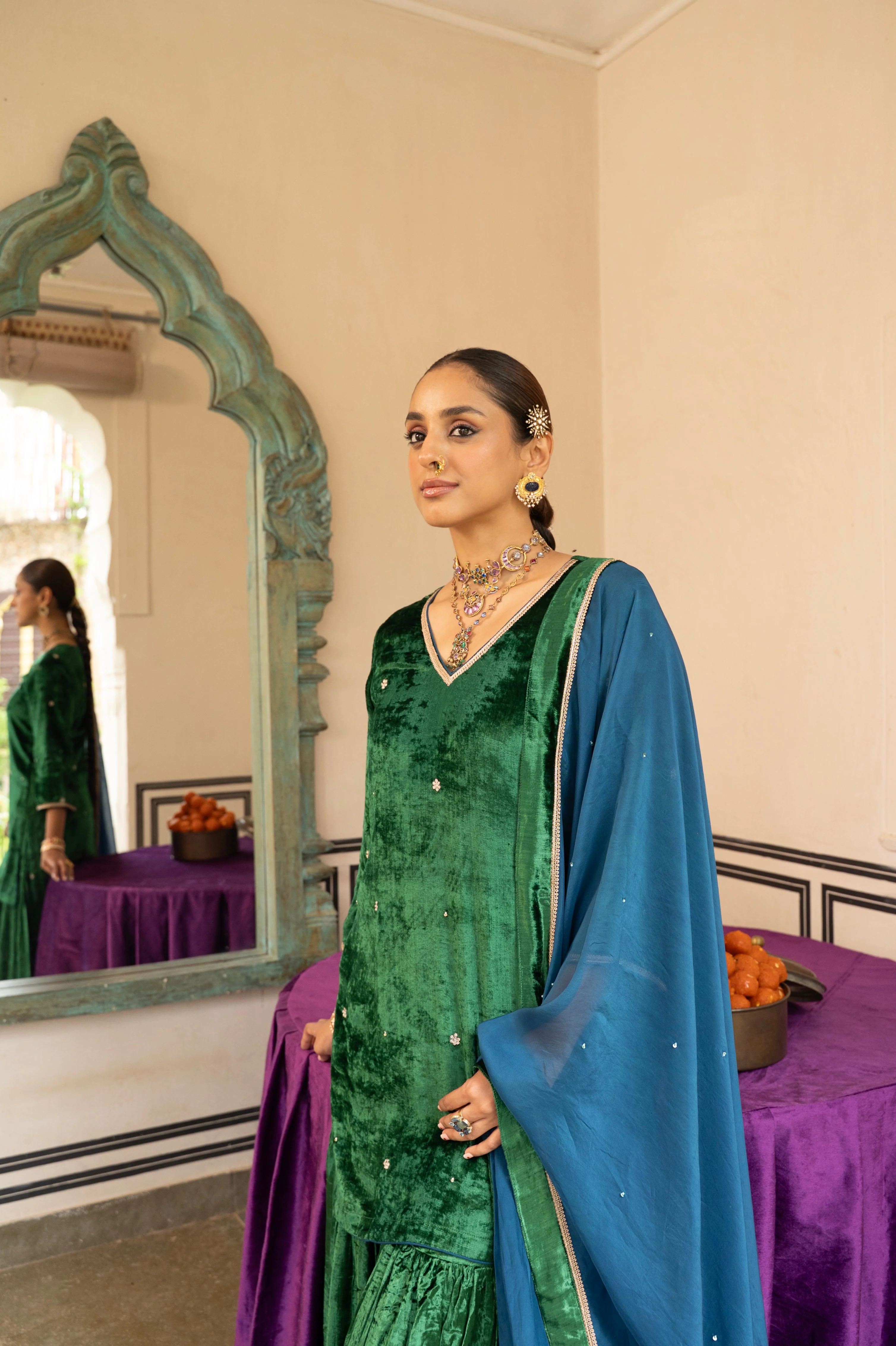 Emerald Green Embellished Premium Velvet Sharara Set - Image 3