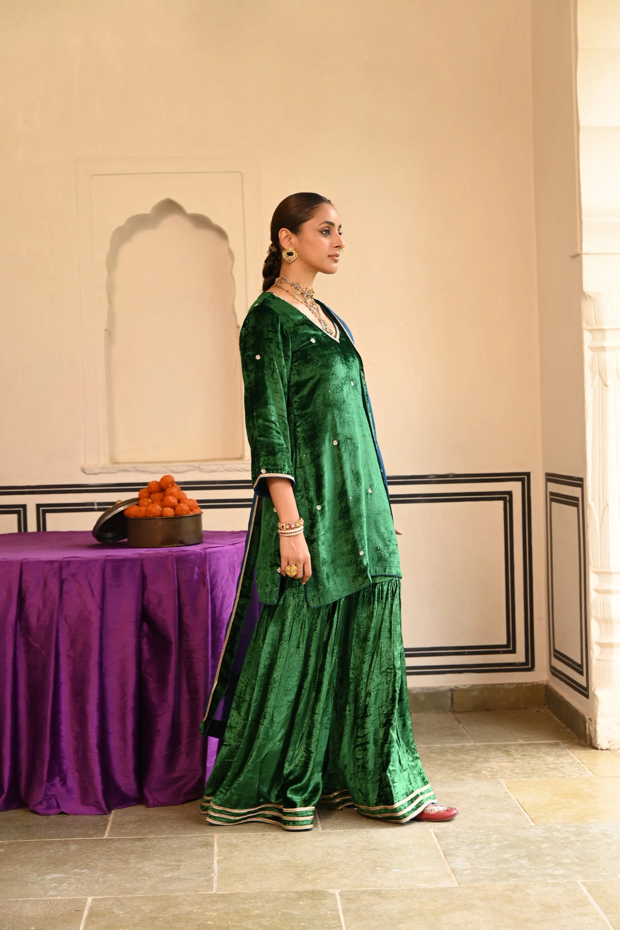 Emerald Green Embellished Premium Velvet Sharara Set - Image 4