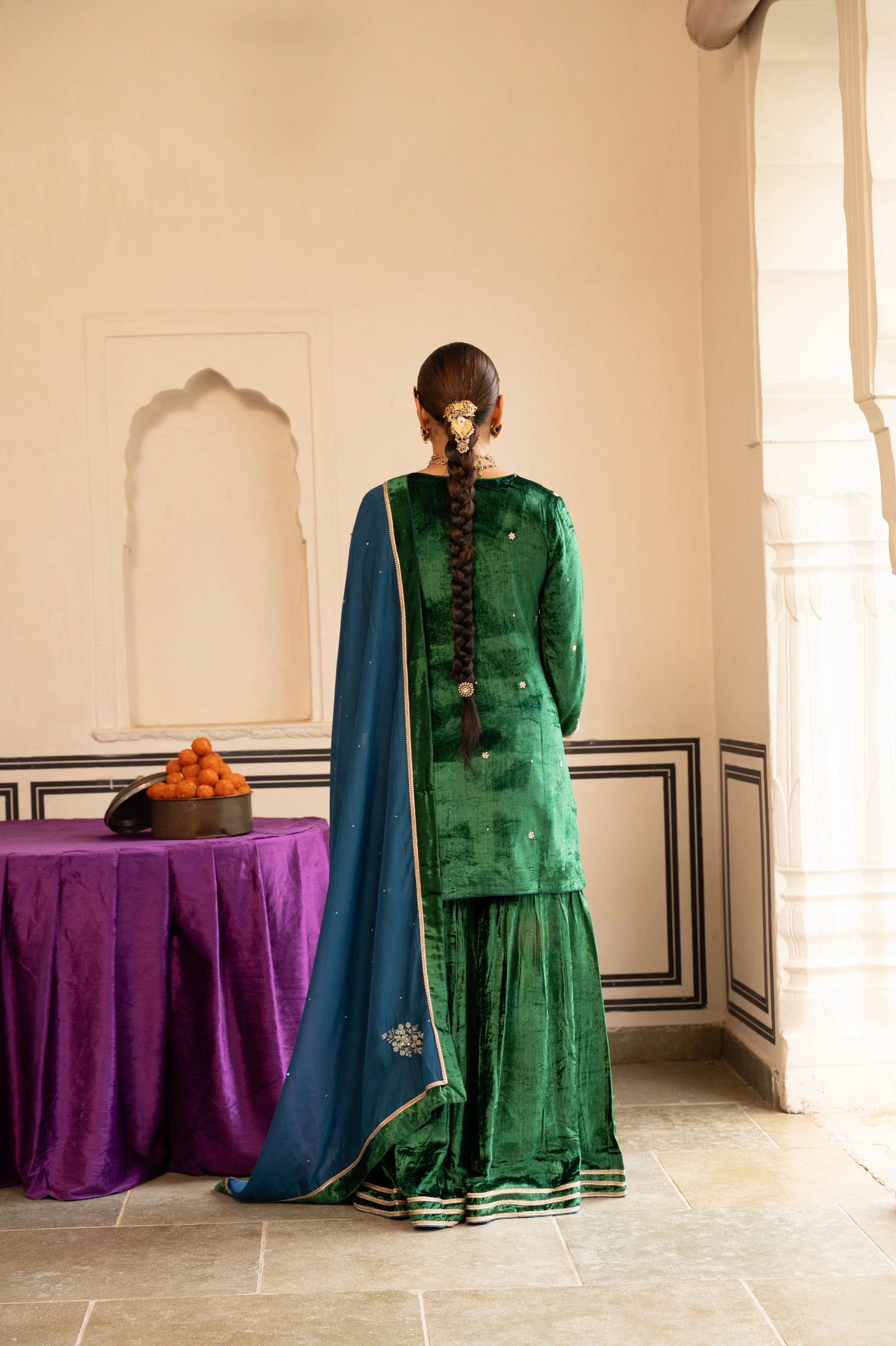 Emerald Green Embellished Premium Velvet Sharara Set - Image 5