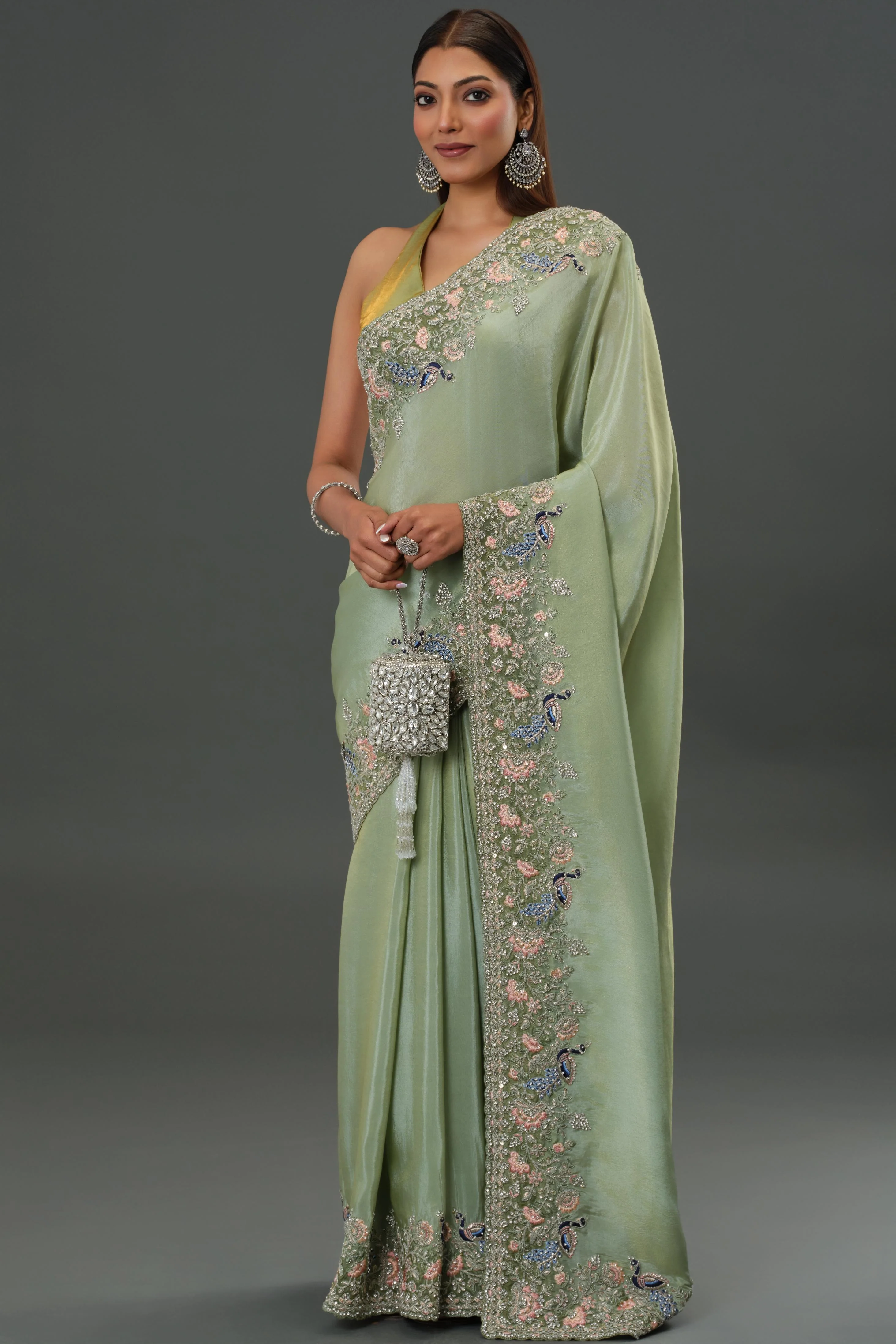 Green Embroidered Banarasi Tissue Silk Saree - Image 3