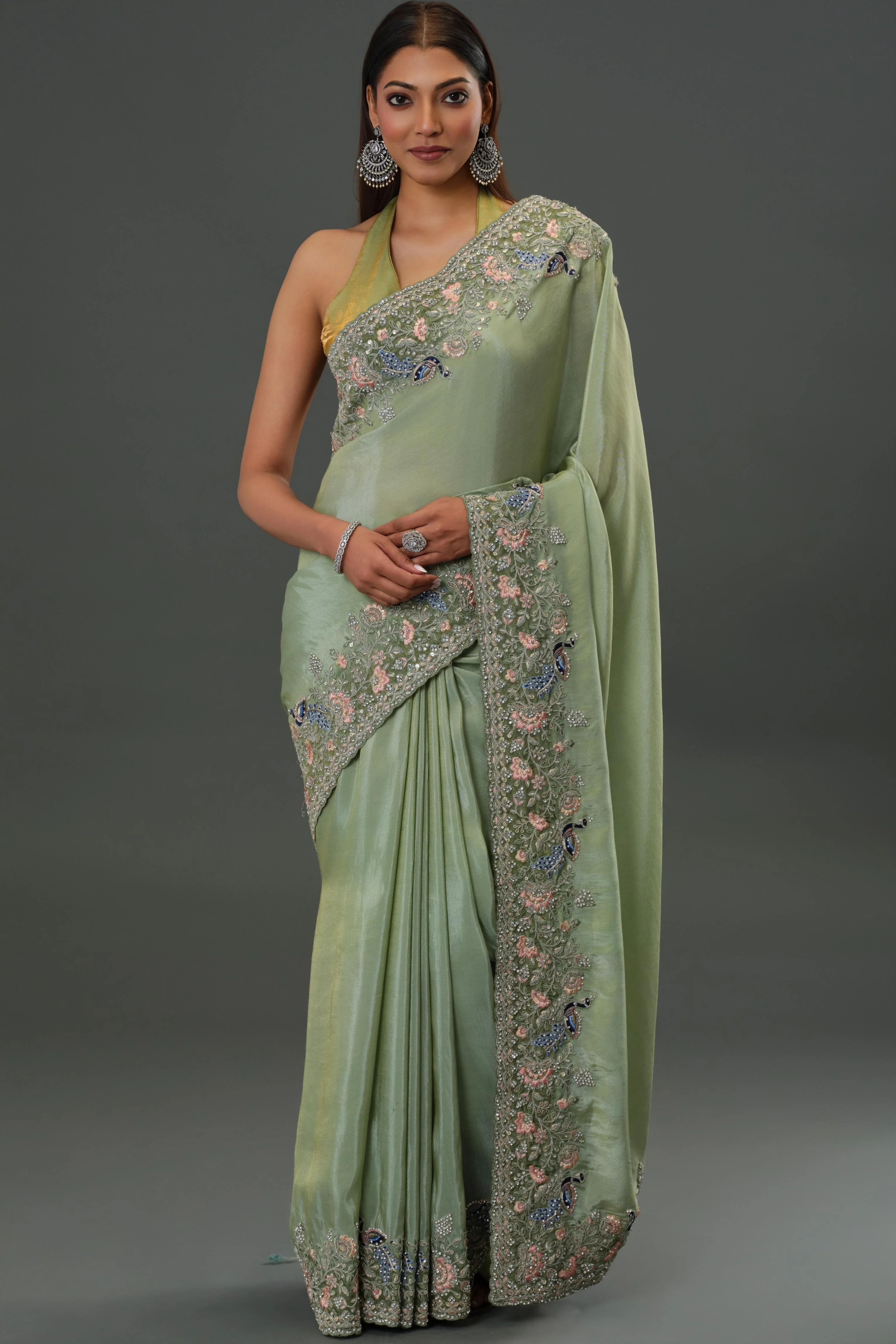 Green Embroidered Banarasi Tissue Silk Saree - Image 4
