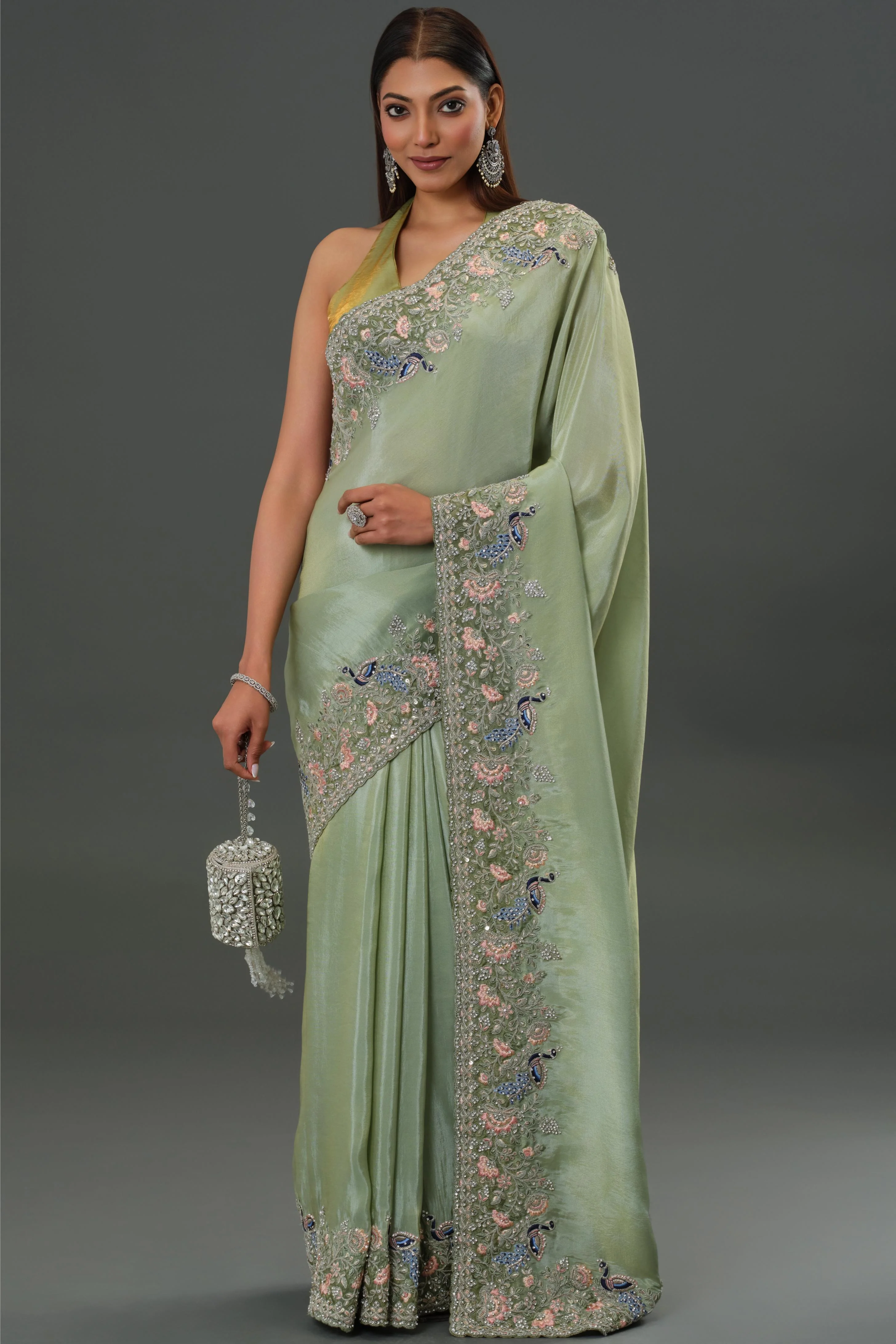 Green Embroidered Banarasi Tissue Silk Saree - Image 5