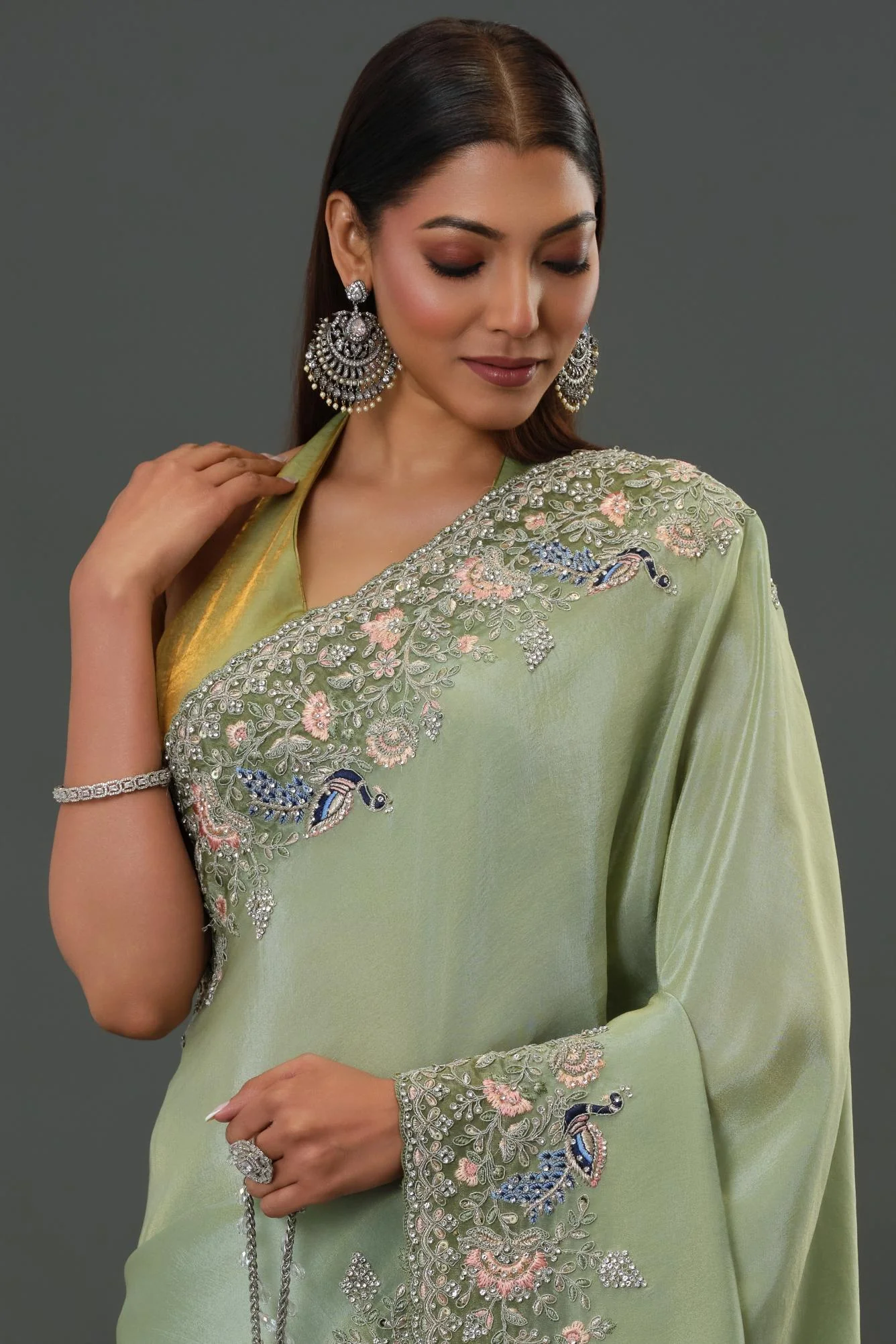 Green Embroidered Banarasi Tissue Silk Saree - Image 8