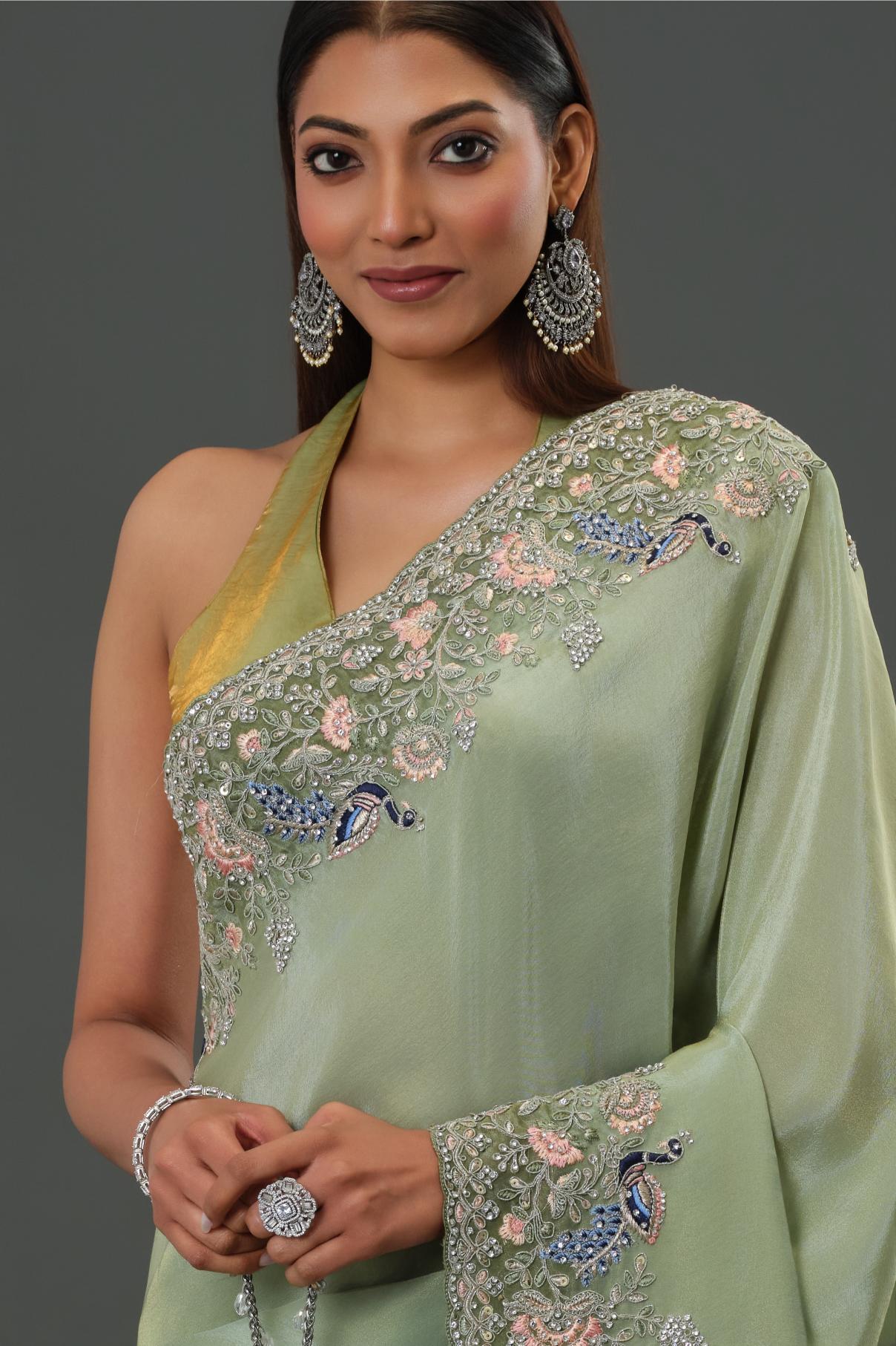 Green Embroidered Banarasi Tissue Silk Saree - Image 9