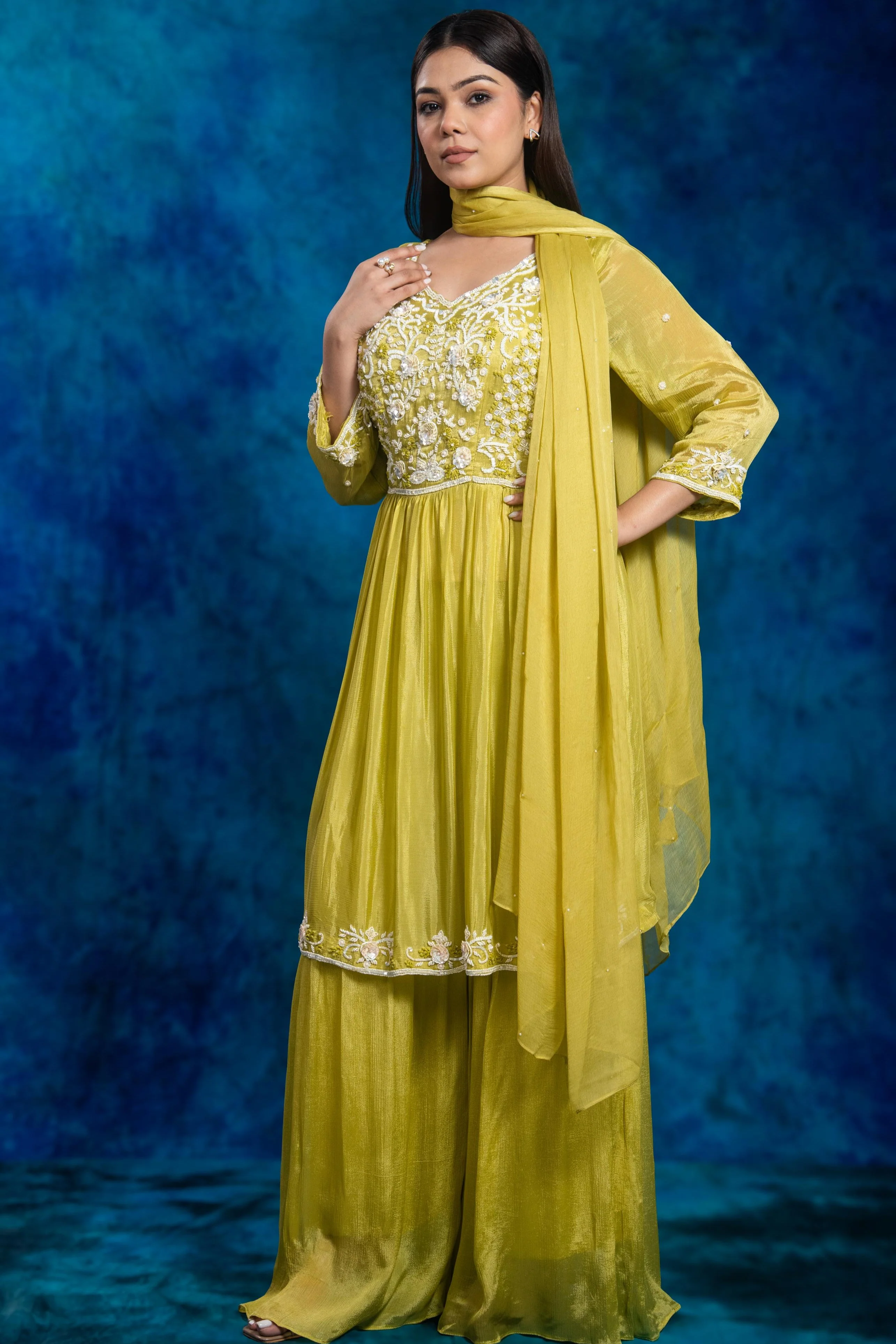 Green Embroidered Chinon Silk Sharara Set - Image 2