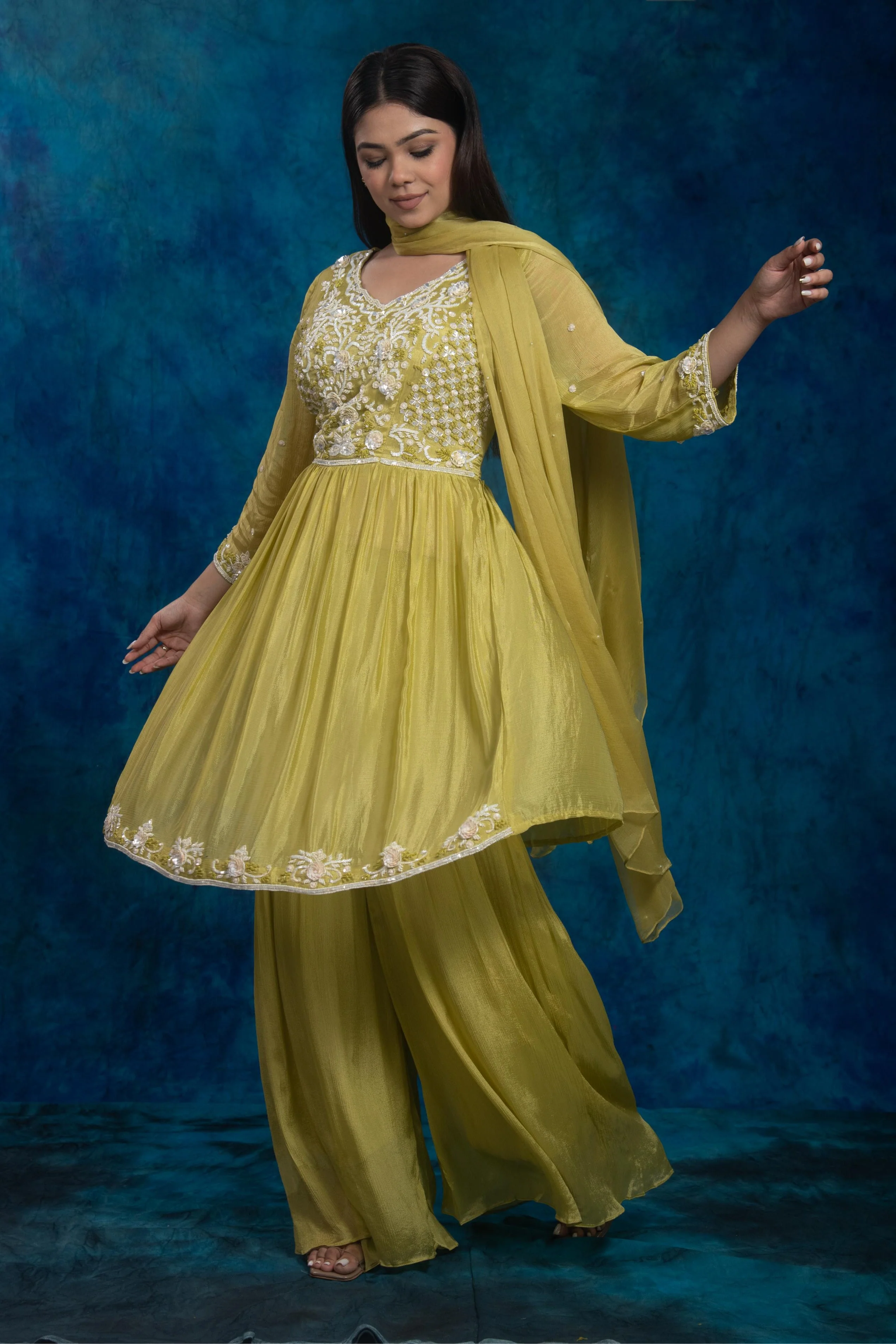 Green Embroidered Chinon Silk Sharara Set - Image 3
