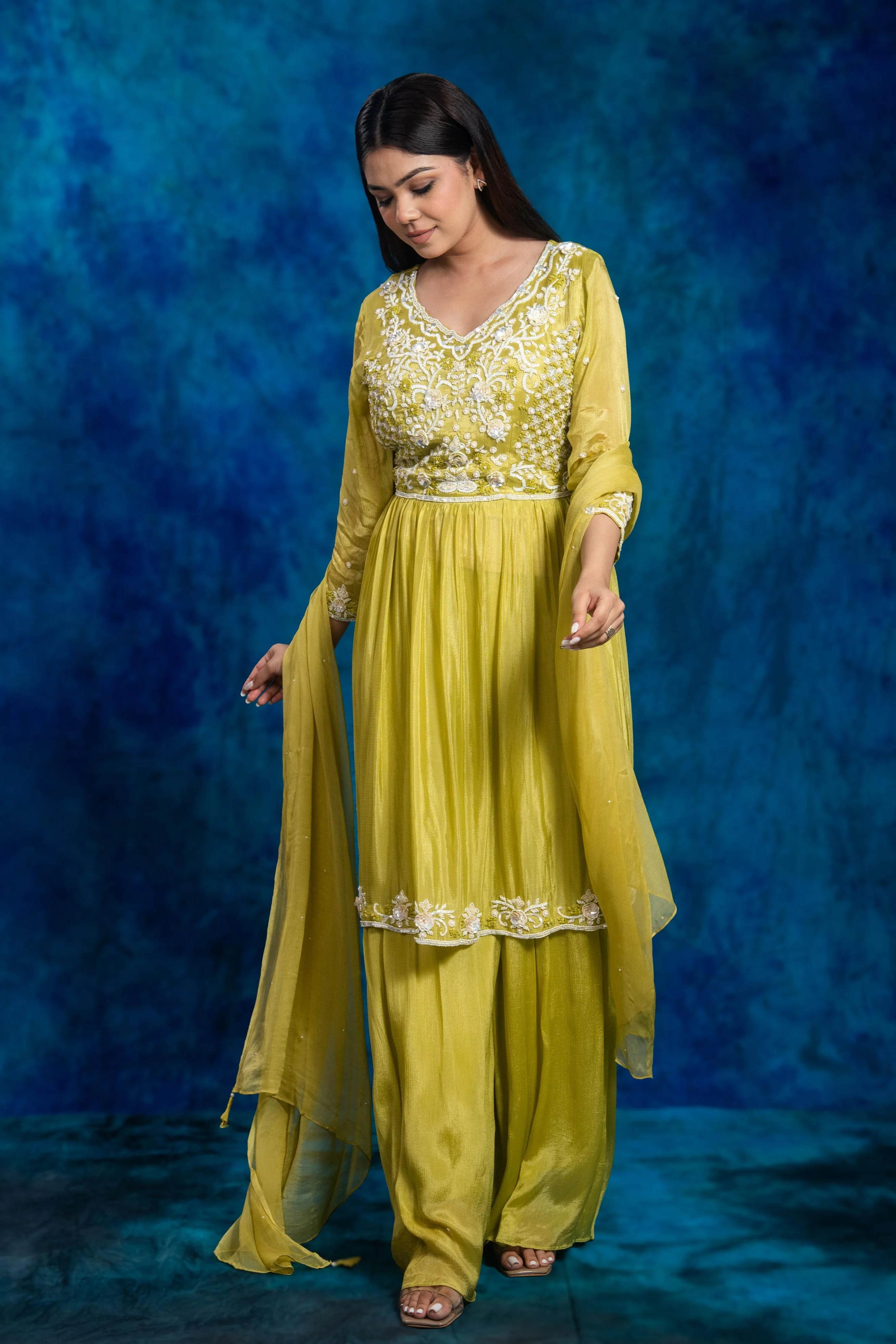 Green Embroidered Chinon Silk Sharara Set - Image 4
