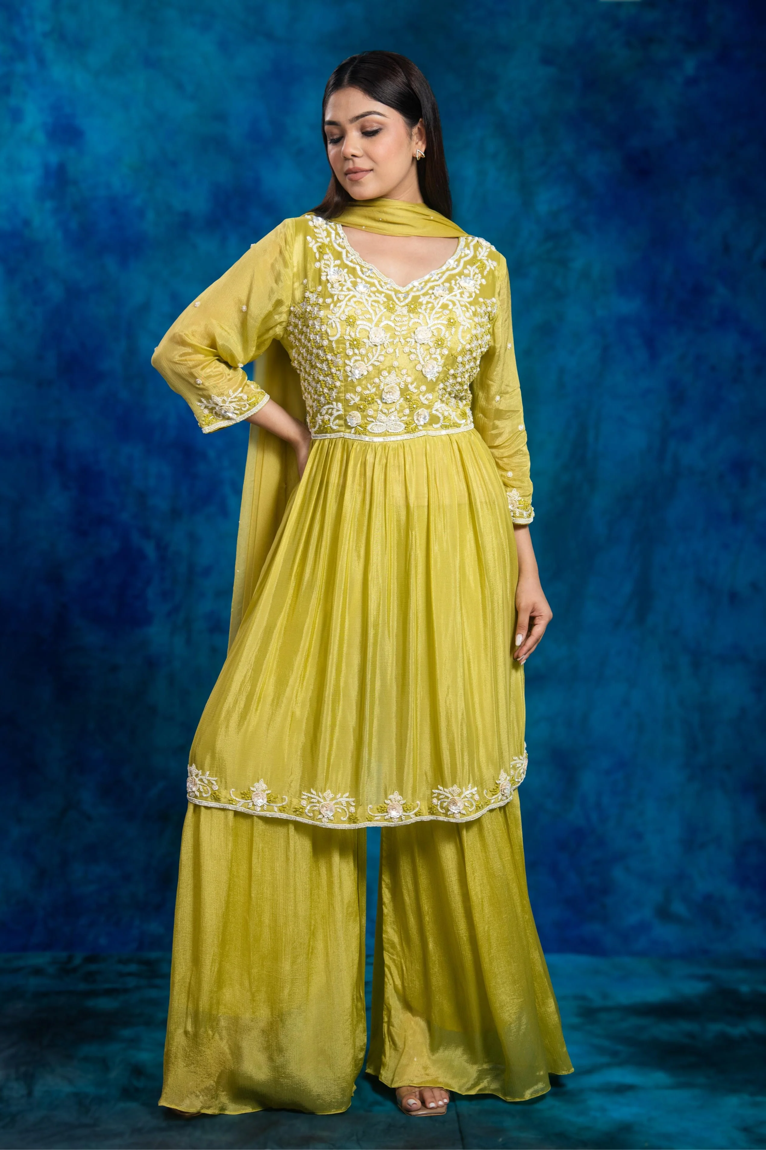 Green Embroidered Chinon Silk Sharara Set - Image 5