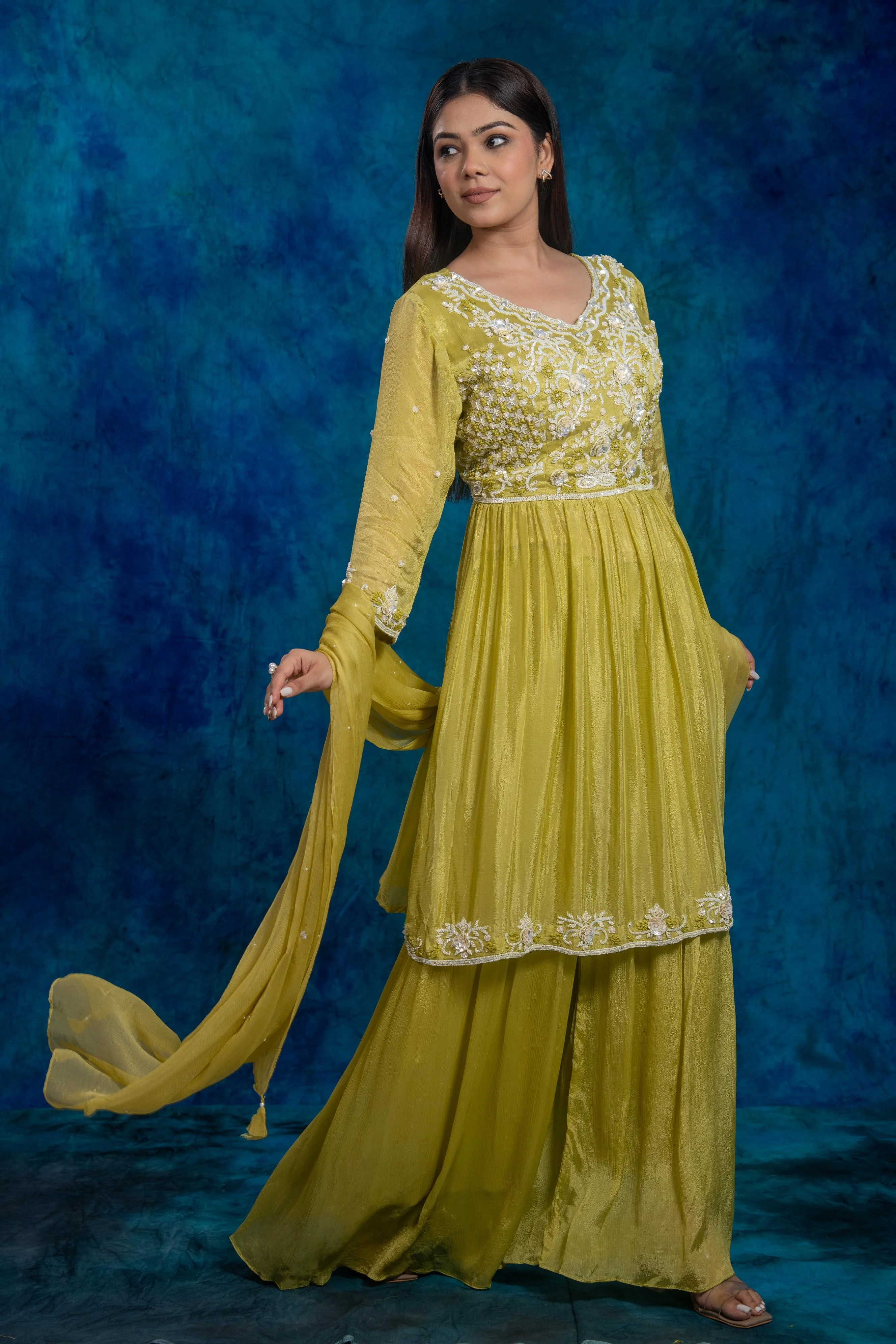 Green Embroidered Chinon Silk Sharara Set - Image 6