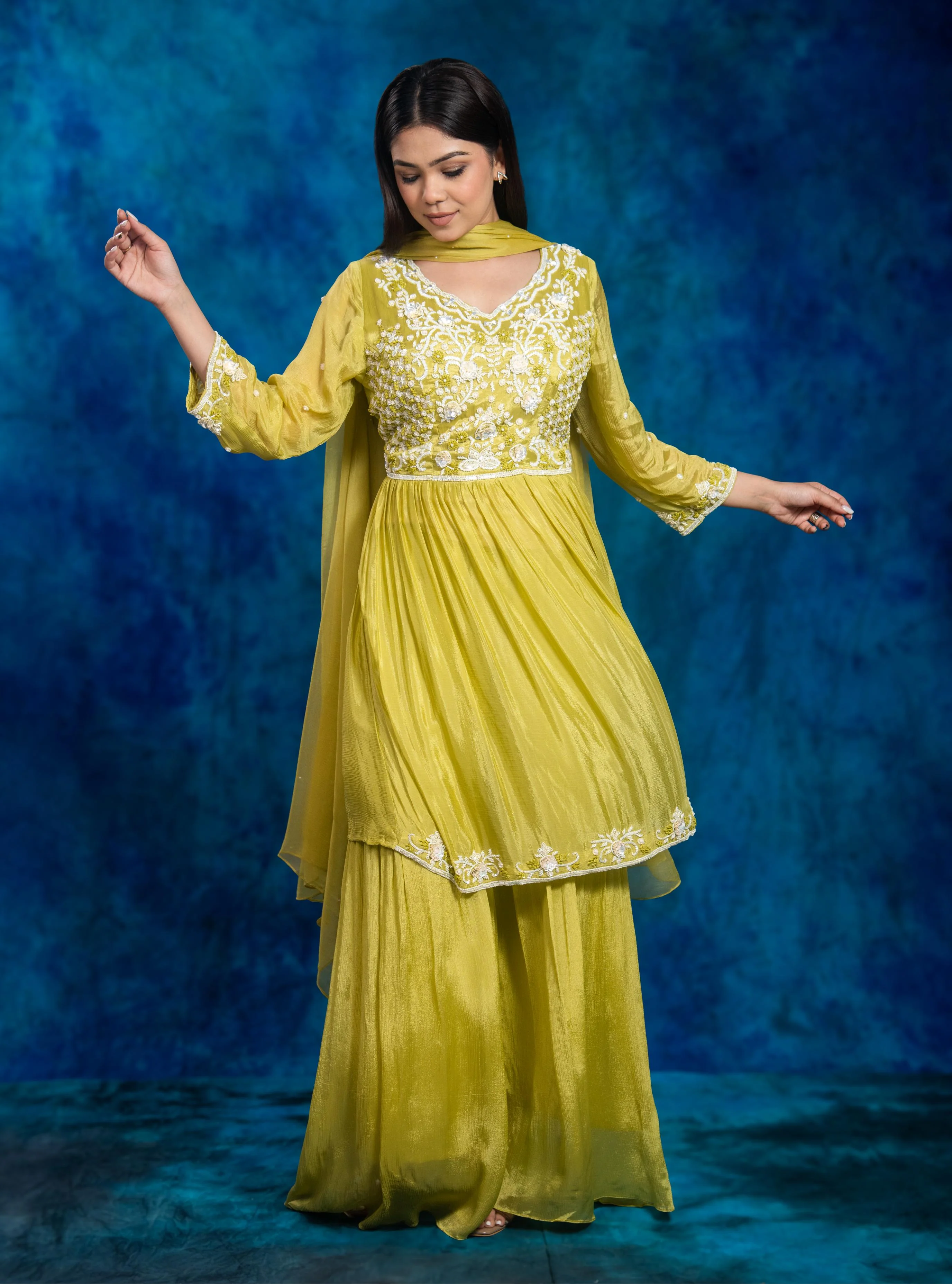 Green Embroidered Chinon Silk Sharara Set - Image 7