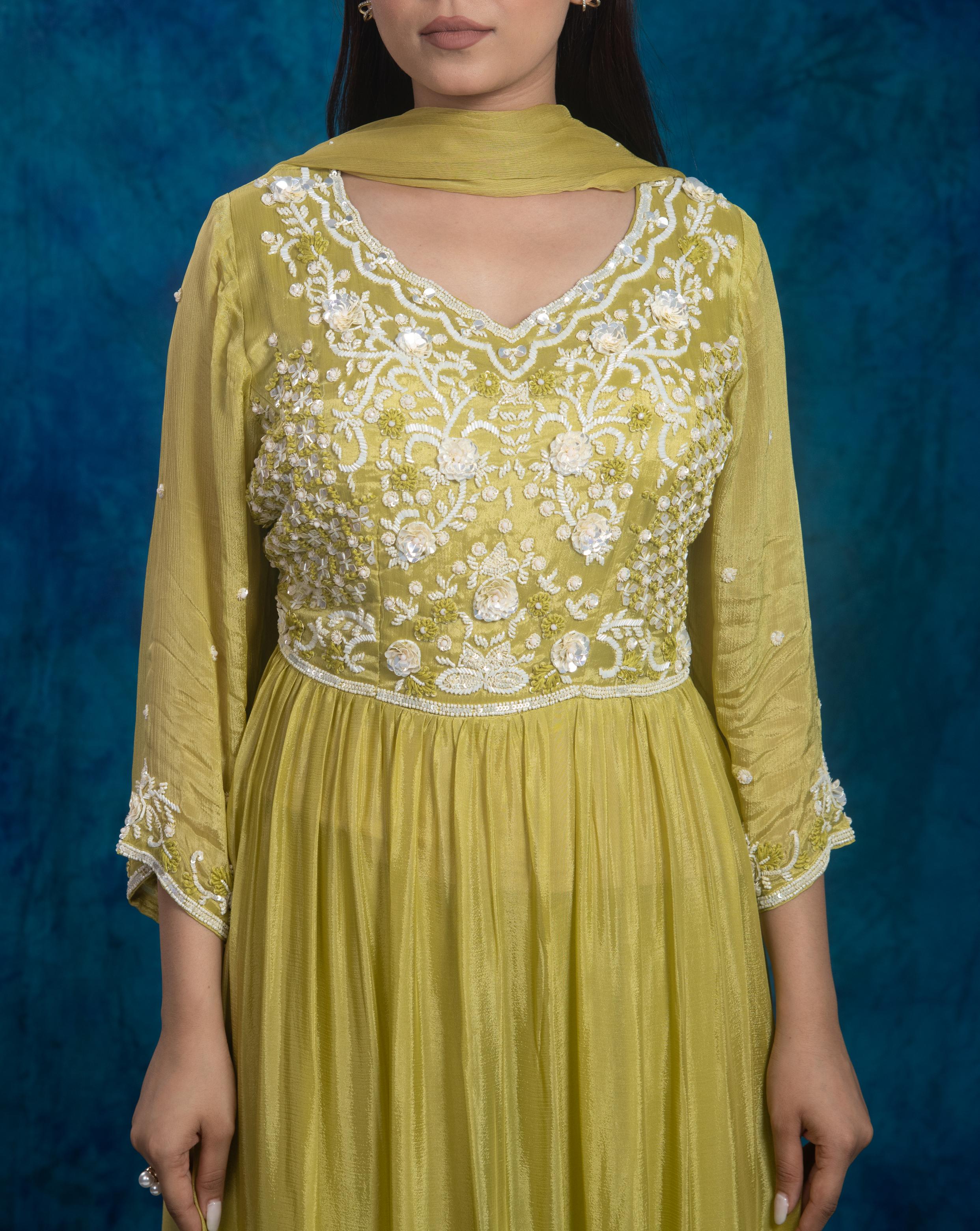 Green Embroidered Chinon Silk Sharara Set - Image 8